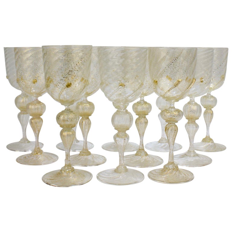 Set of 12 Venetian / Murano Glass Large Water or Wine Goblets w Gold Inclusions For Sale