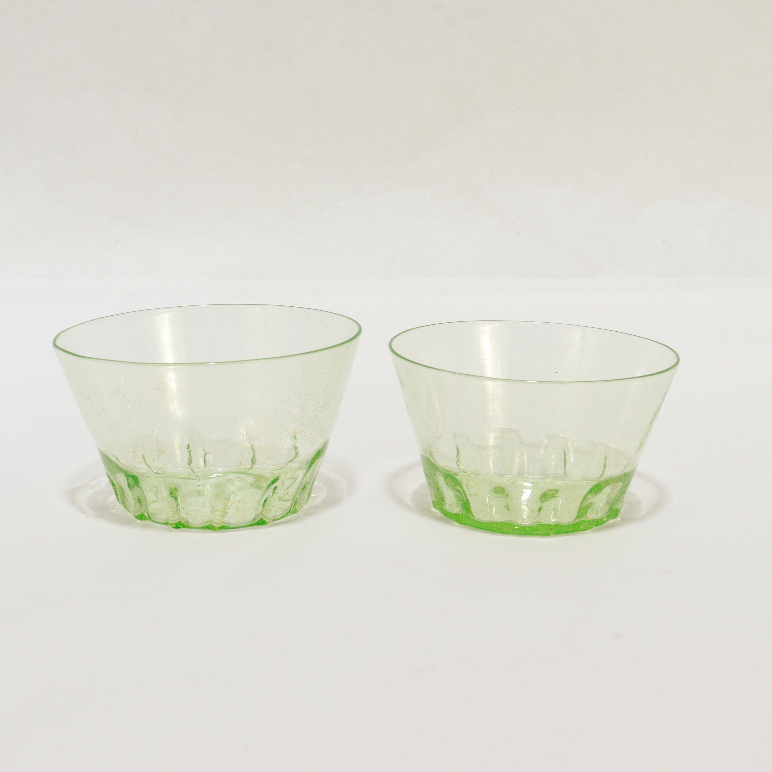 Set of 12 Venetian / Murano Green Glass Bowls & Underplates with Gold Inclusions For Sale 5