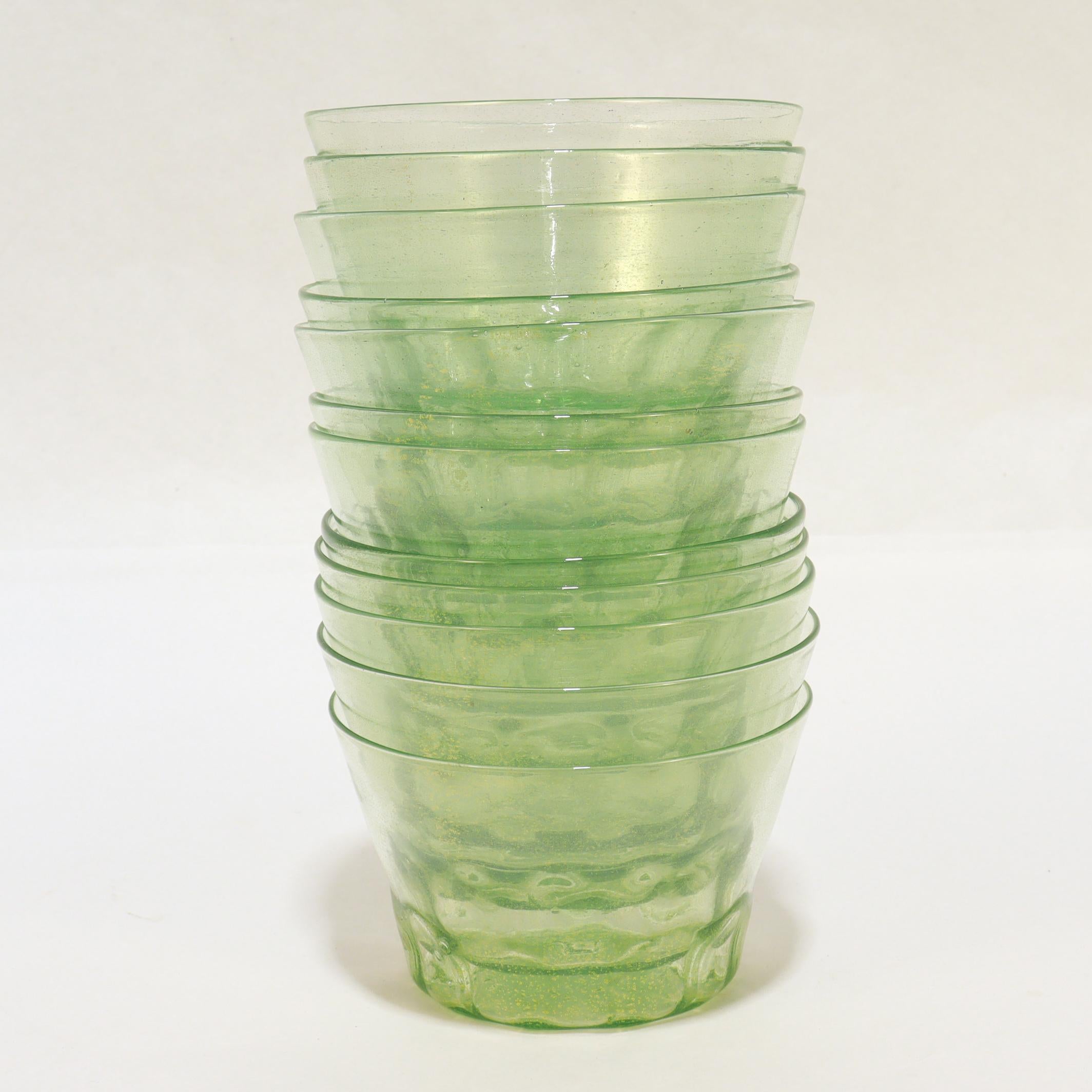 Set of 12 Venetian / Murano Green Glass Bowls & Underplates with Gold Inclusions For Sale 12