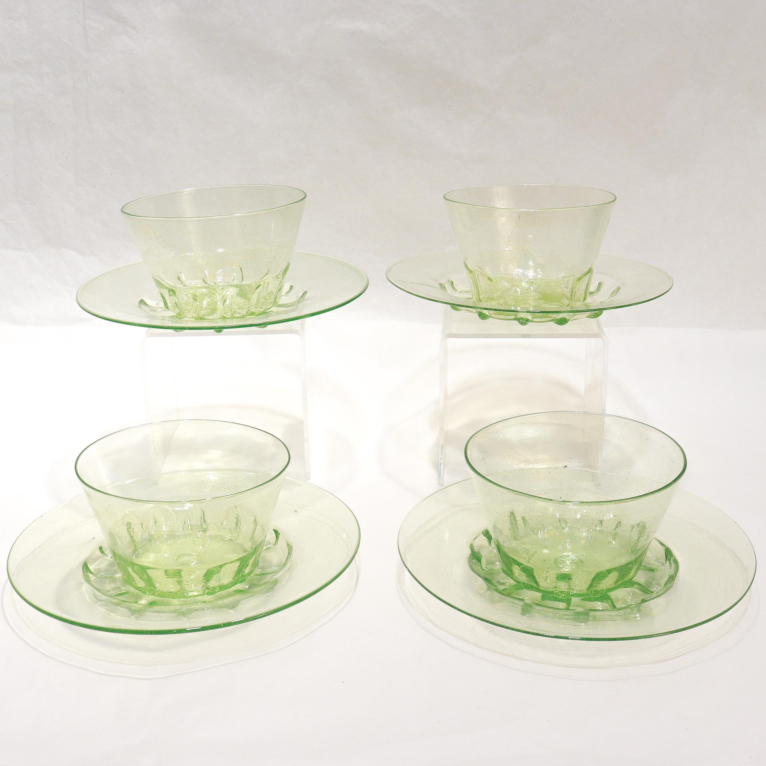 Italian Set of 12 Venetian / Murano Green Glass Bowls & Underplates with Gold Inclusions For Sale