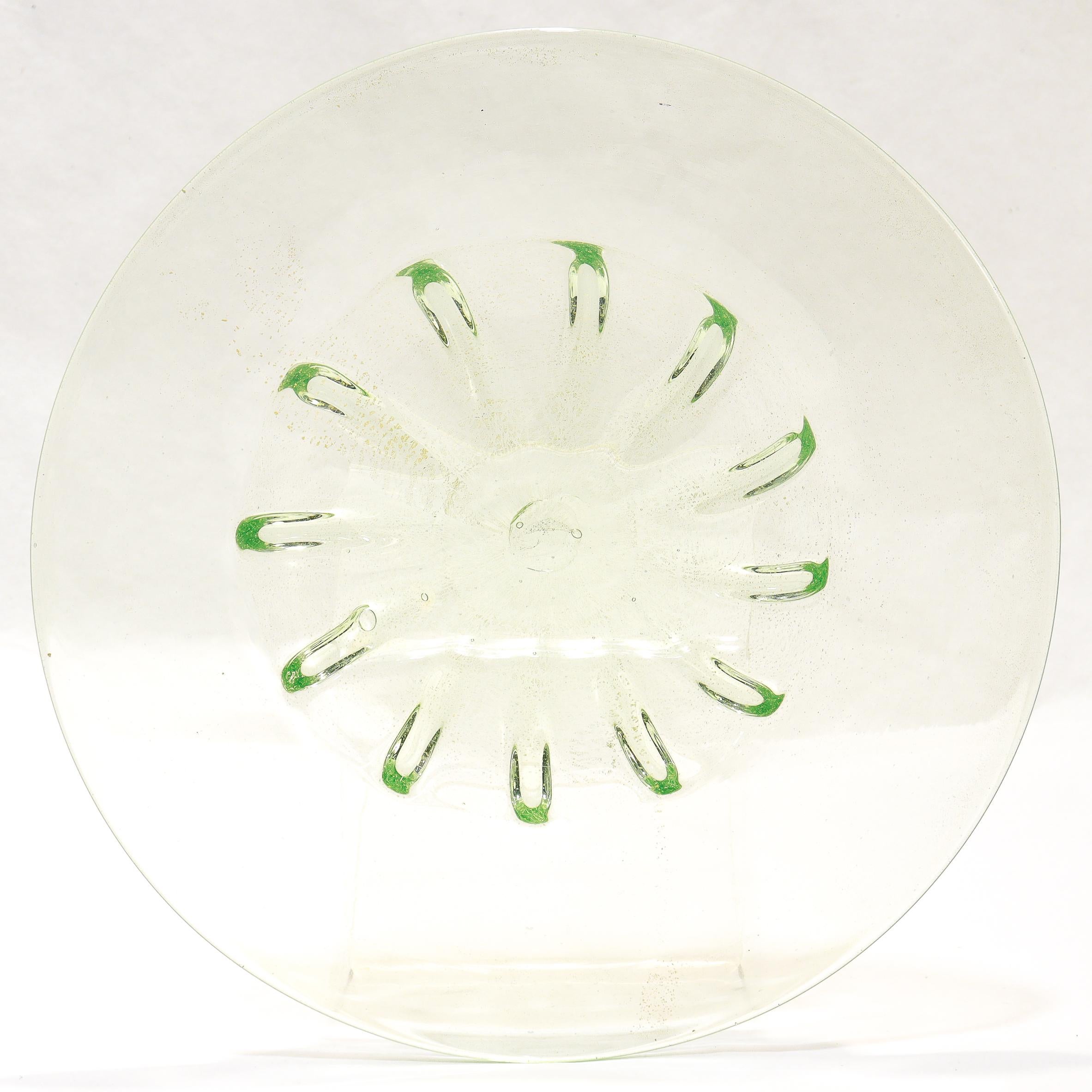 20th Century Set of 12 Venetian / Murano Green Glass Bowls & Underplates with Gold Inclusions For Sale