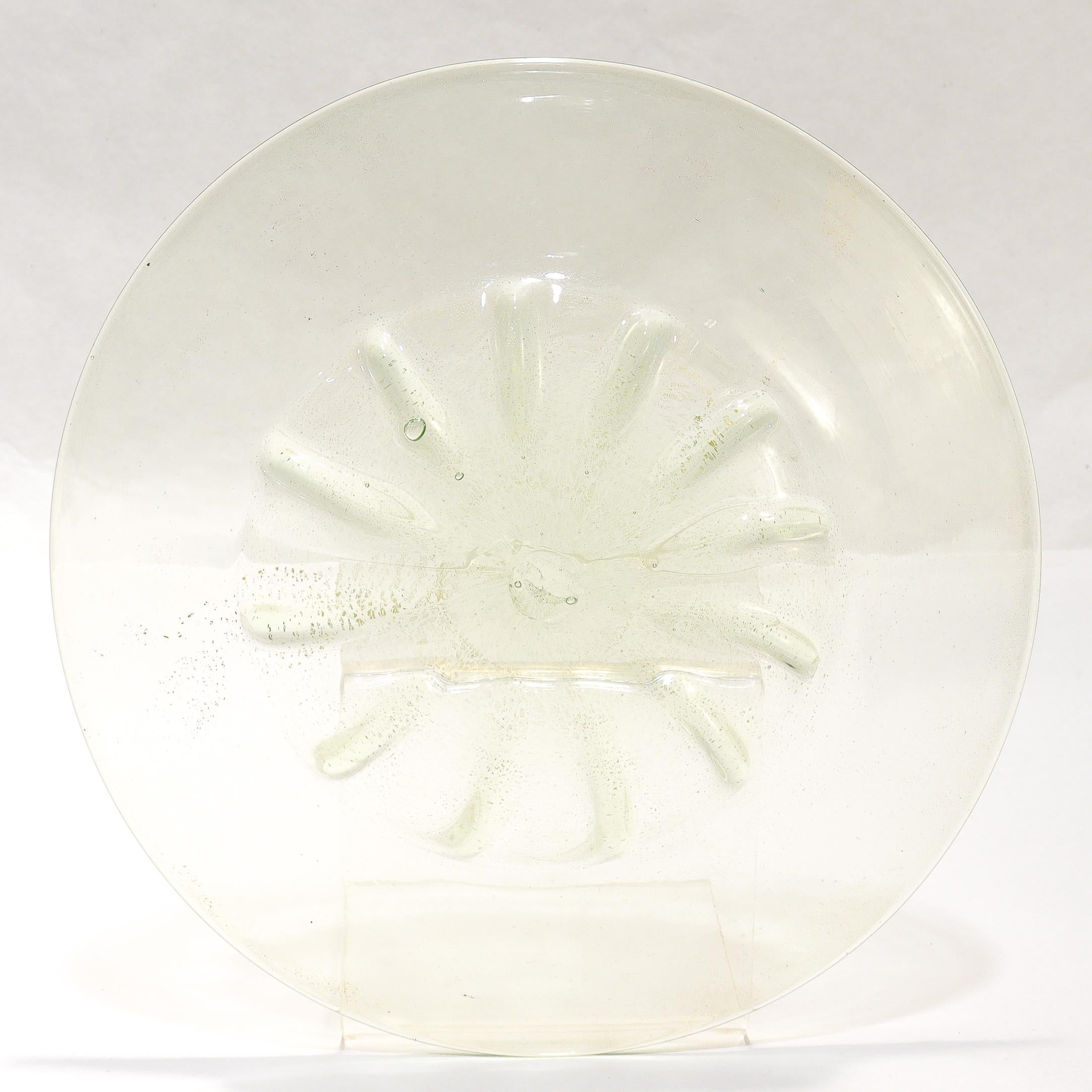 Set of 12 Venetian / Murano Green Glass Bowls & Underplates with Gold Inclusions For Sale 1