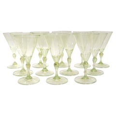 Set of 12 Venetian or Murano Green Glass Wine Goblets with Gold Inclusions