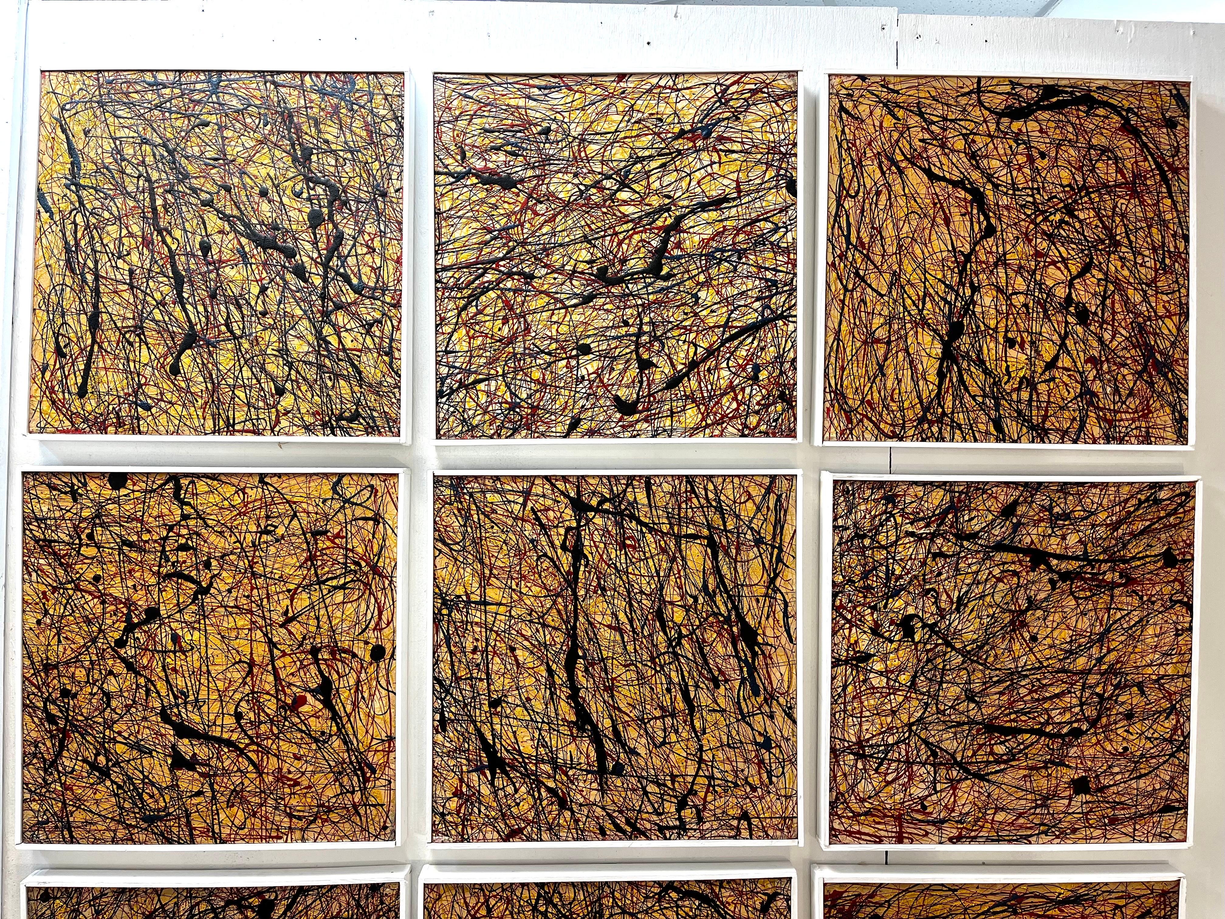 A set of twelve vintage square abstract paintings by John Peters, each of the twelve works are on canvas, framed and done in the action or drip style made famous by American artist Jackson Pollock. This style of painting is also known as gestural