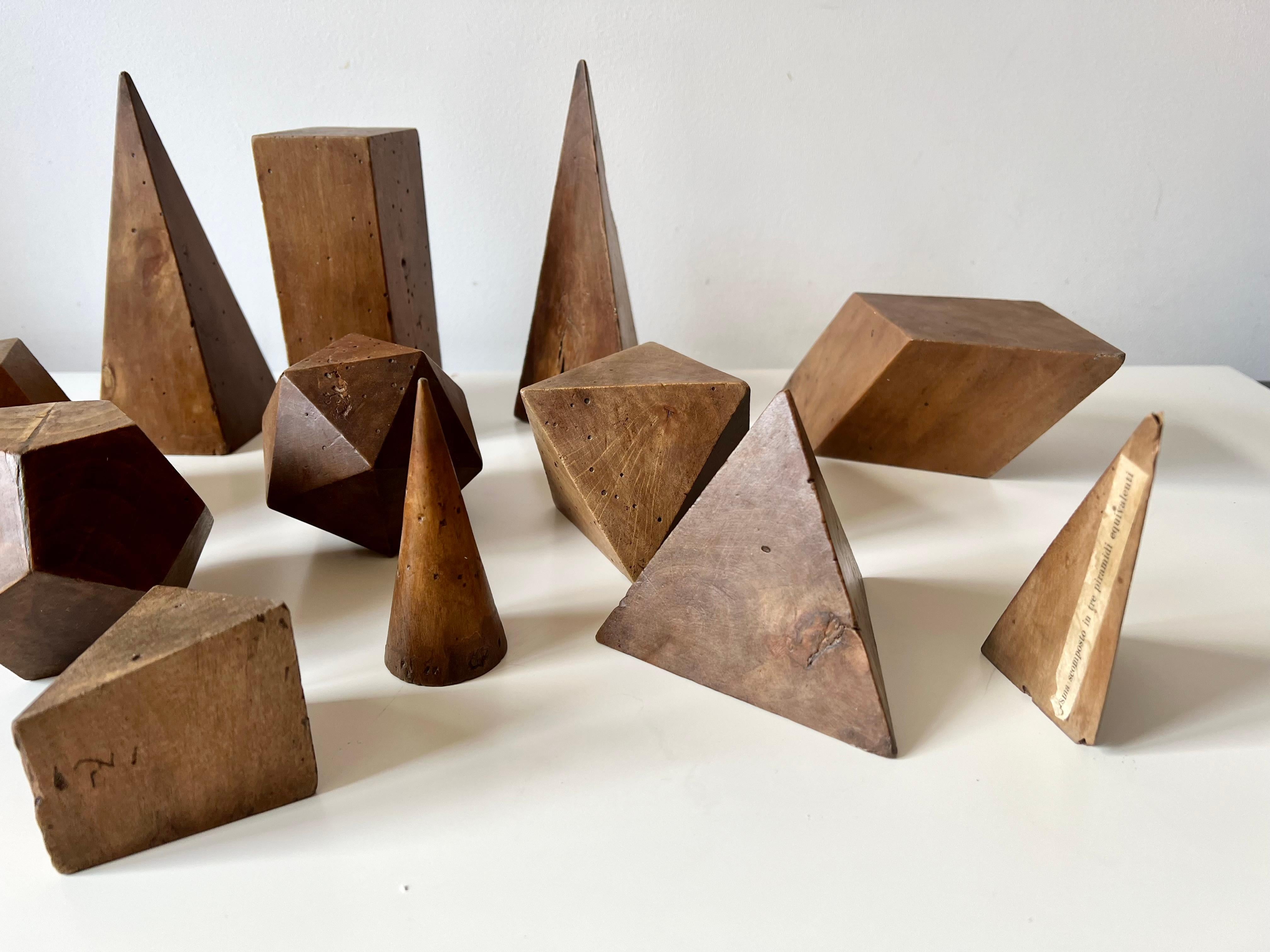 Set of 12 vintage antique wooden geometric shapes. Italy, late 19th early 20th C In Good Condition In Bristol, GB