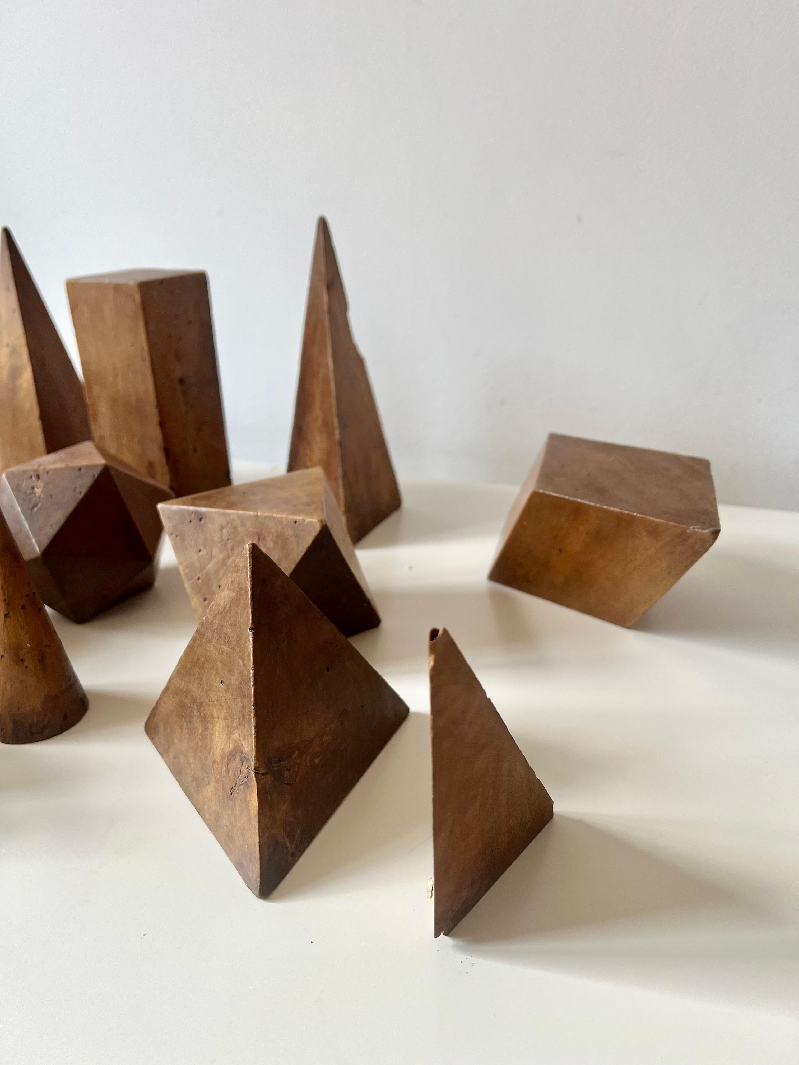 19th Century Set of 12 vintage antique wooden geometric shapes. Italy, late 19th early 20th C