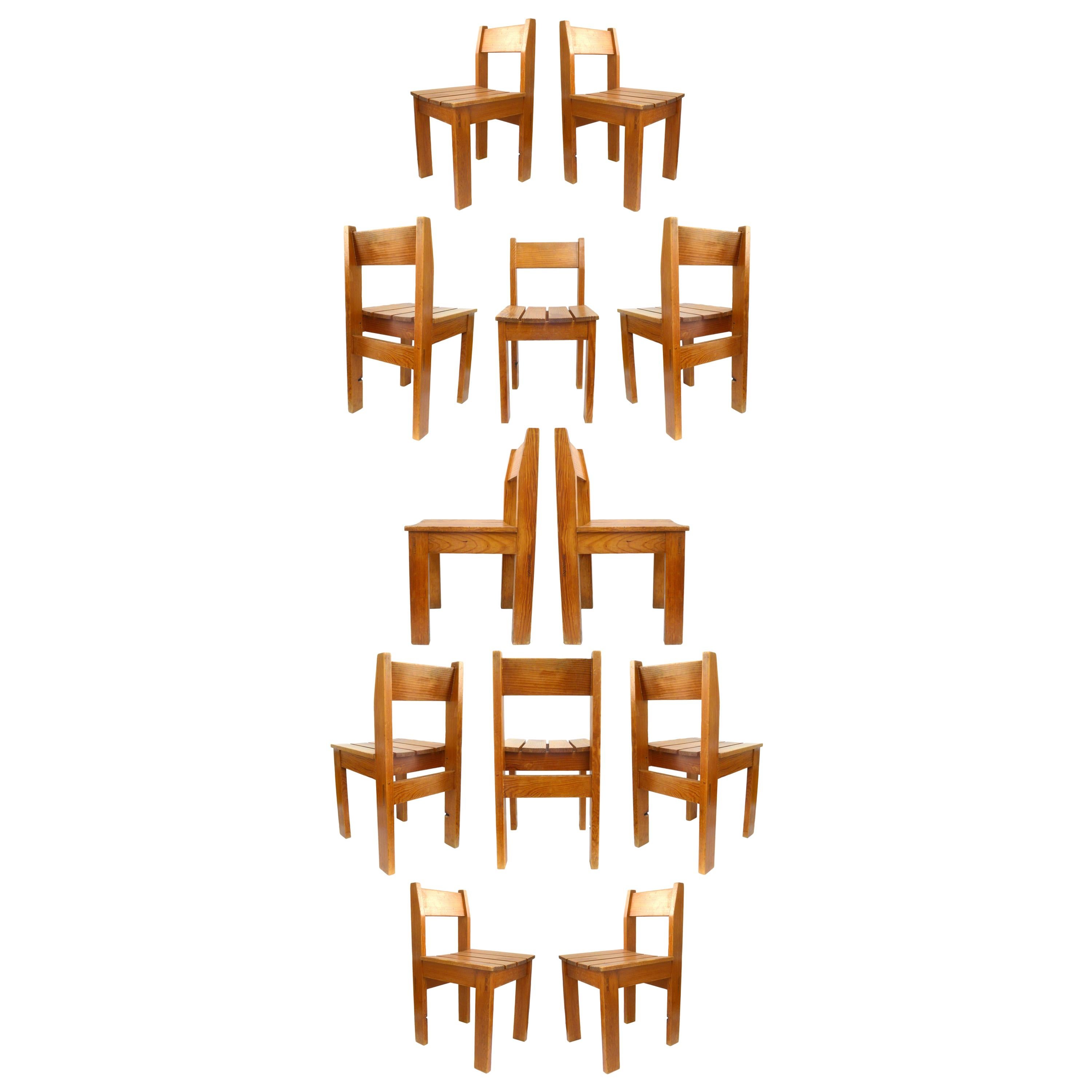 Set of 12 Vintage European Wood Slat Chairs For Sale