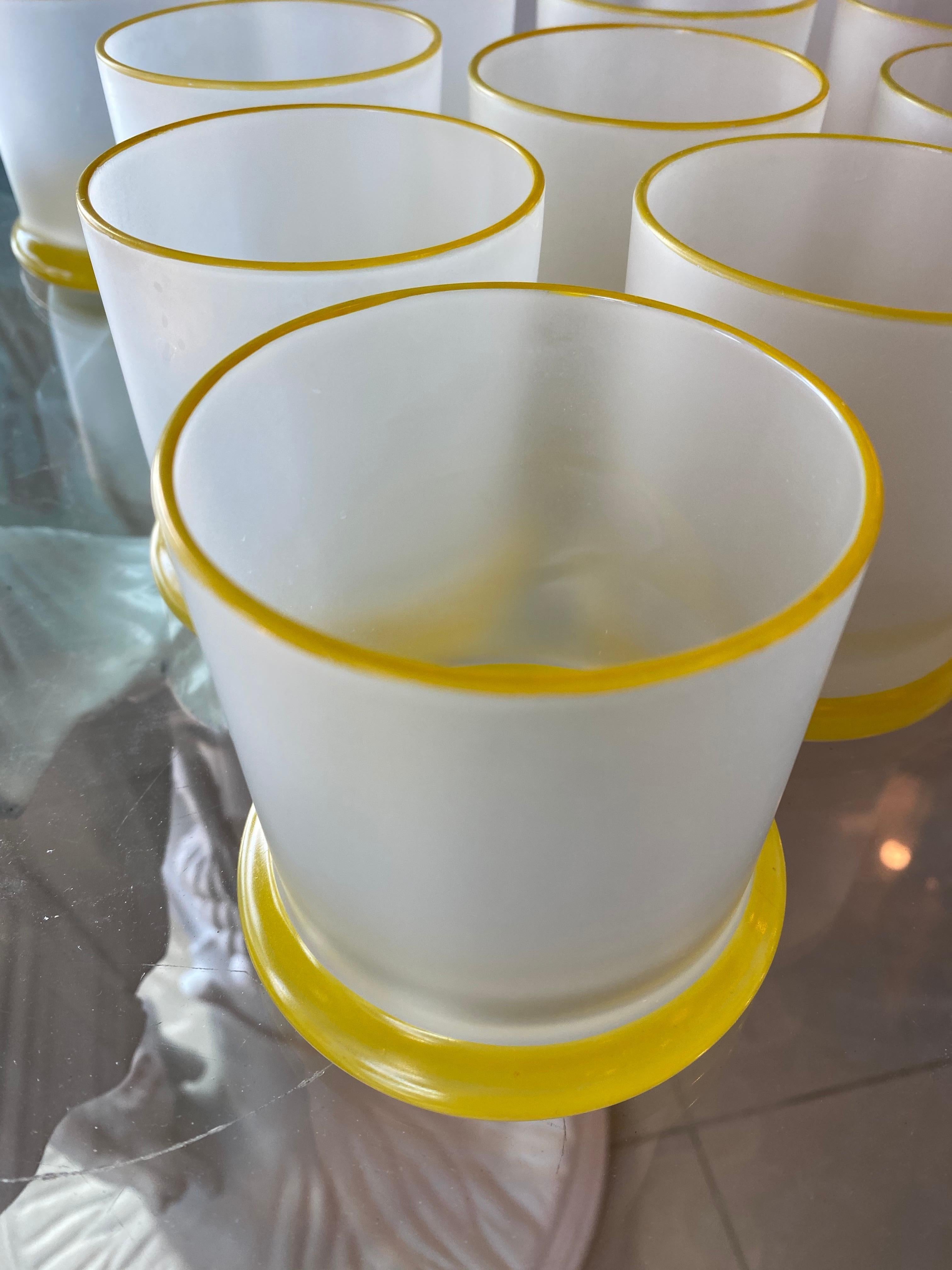 Late 20th Century Set of 12 Vintage Frosted Yellow Glass Bar Cocktail Drinking Glasses Whiskey For Sale