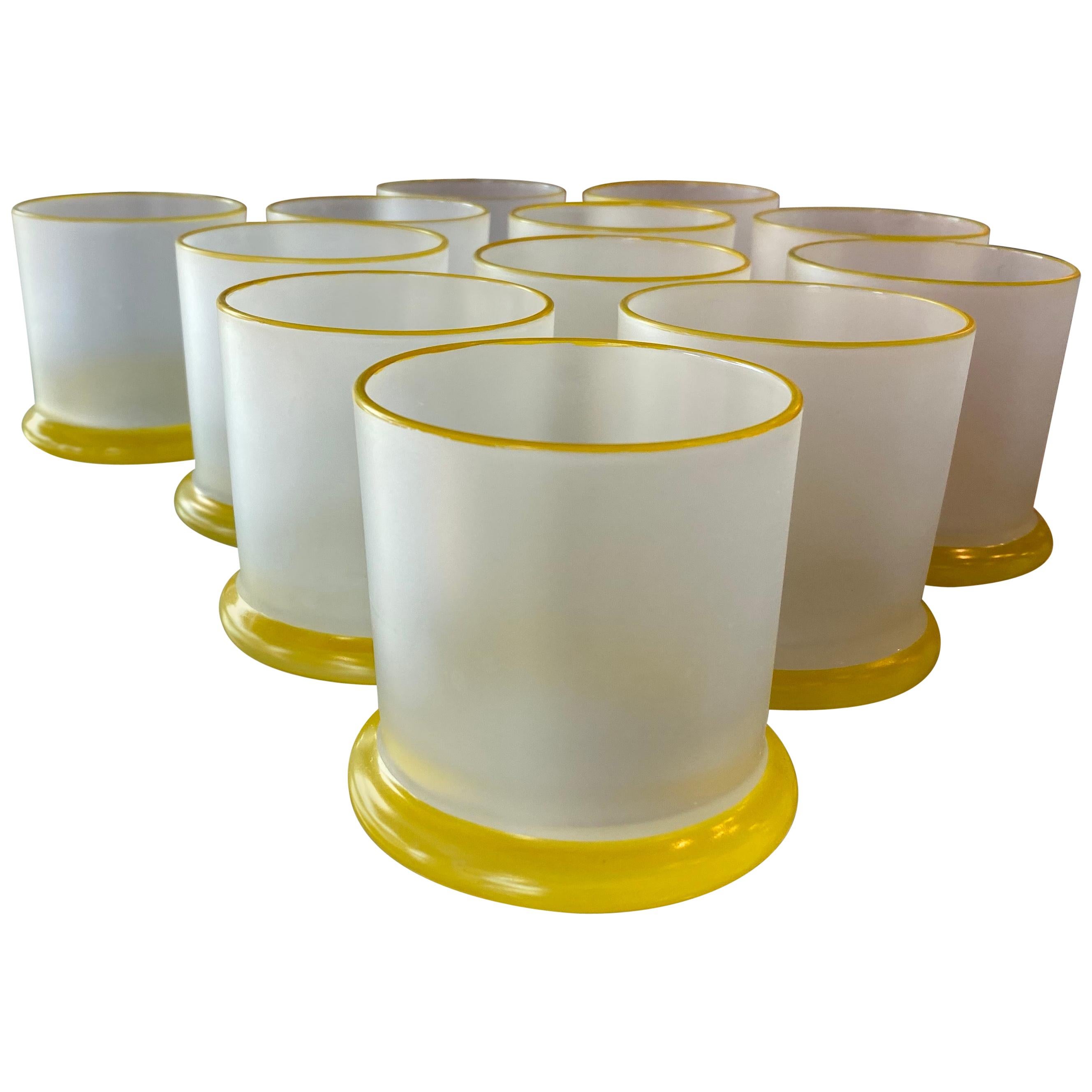 Set of 12 Vintage Frosted Yellow Glass Bar Cocktail Drinking Glasses Whiskey For Sale