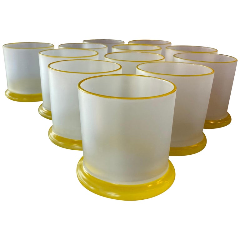 Set of 12 Vintage Frosted Yellow Glass Bar Cocktail Drinking