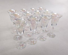 Set of 12 Vintage Hand Blown Iridescent Luster Tulip Wine Glasses 1930s