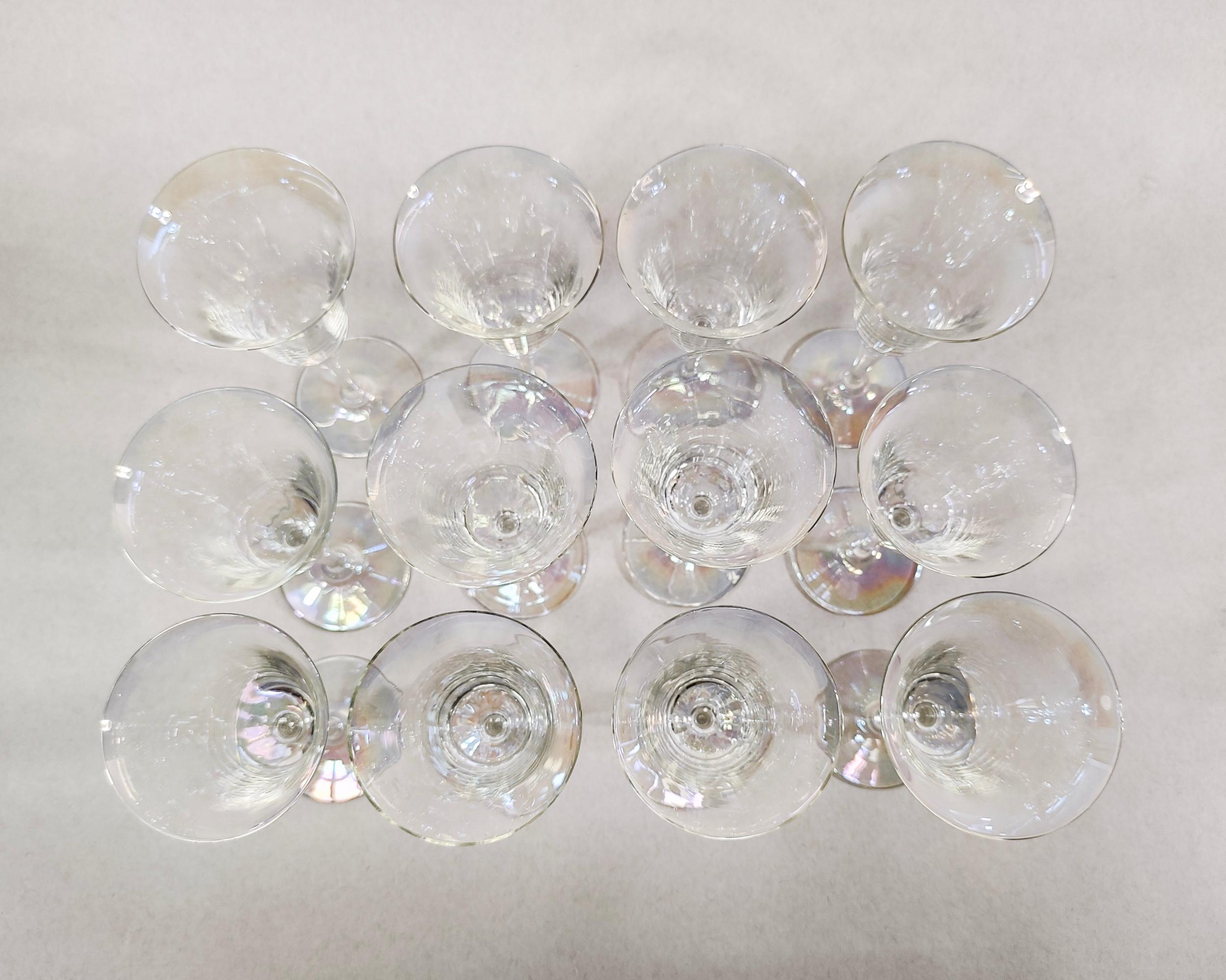 American Set of 12 Vintage Hand Blown Iridescent Luster Tulip Wine Glasses 1930s For Sale
