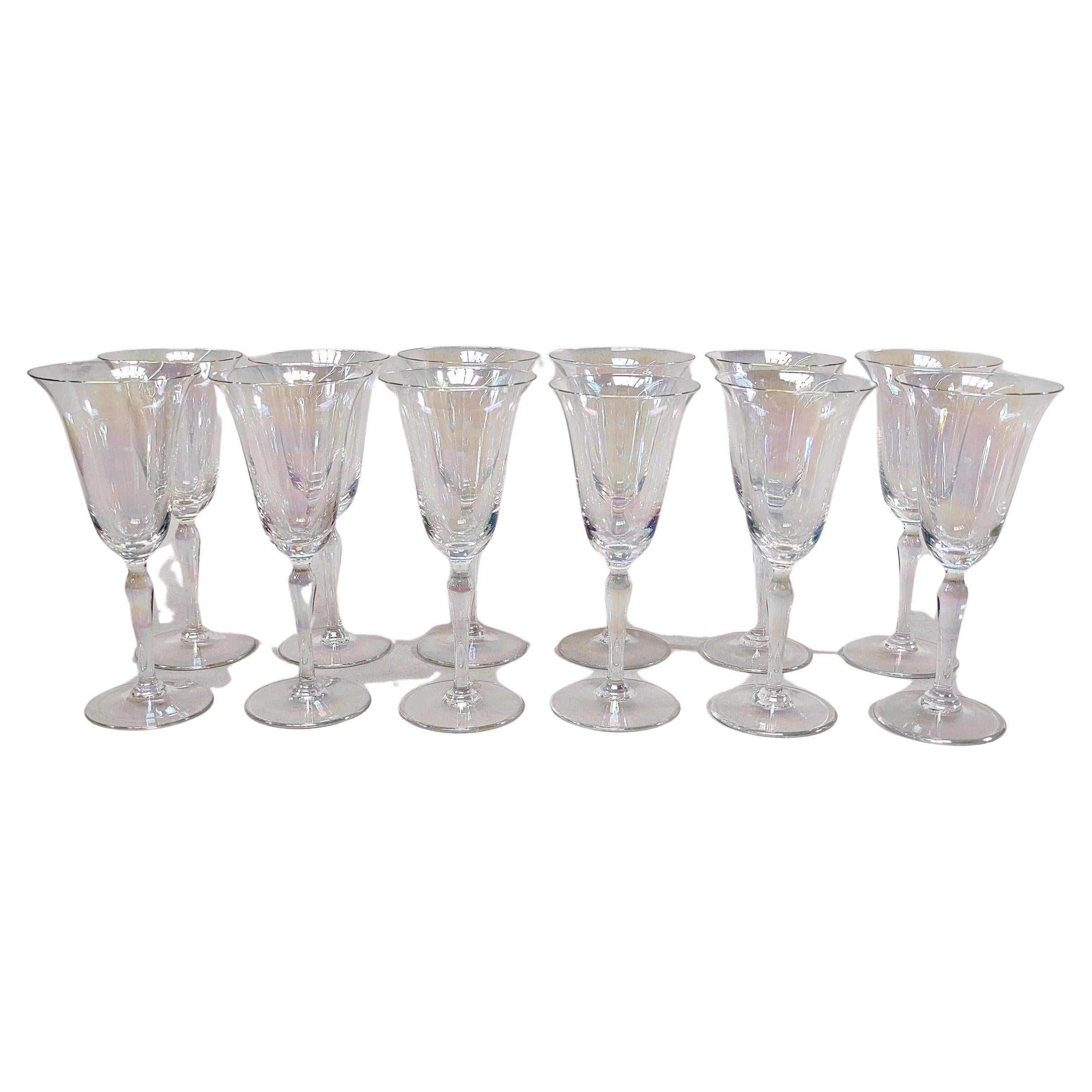 Set of 12 Vintage Hand Blown Iridescent Luster Tulip Wine Glasses 1930s For Sale