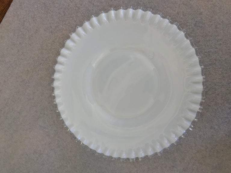 Set of 12 Vintage Milk Glass Chargers with Clear Fluted Edges For Sale