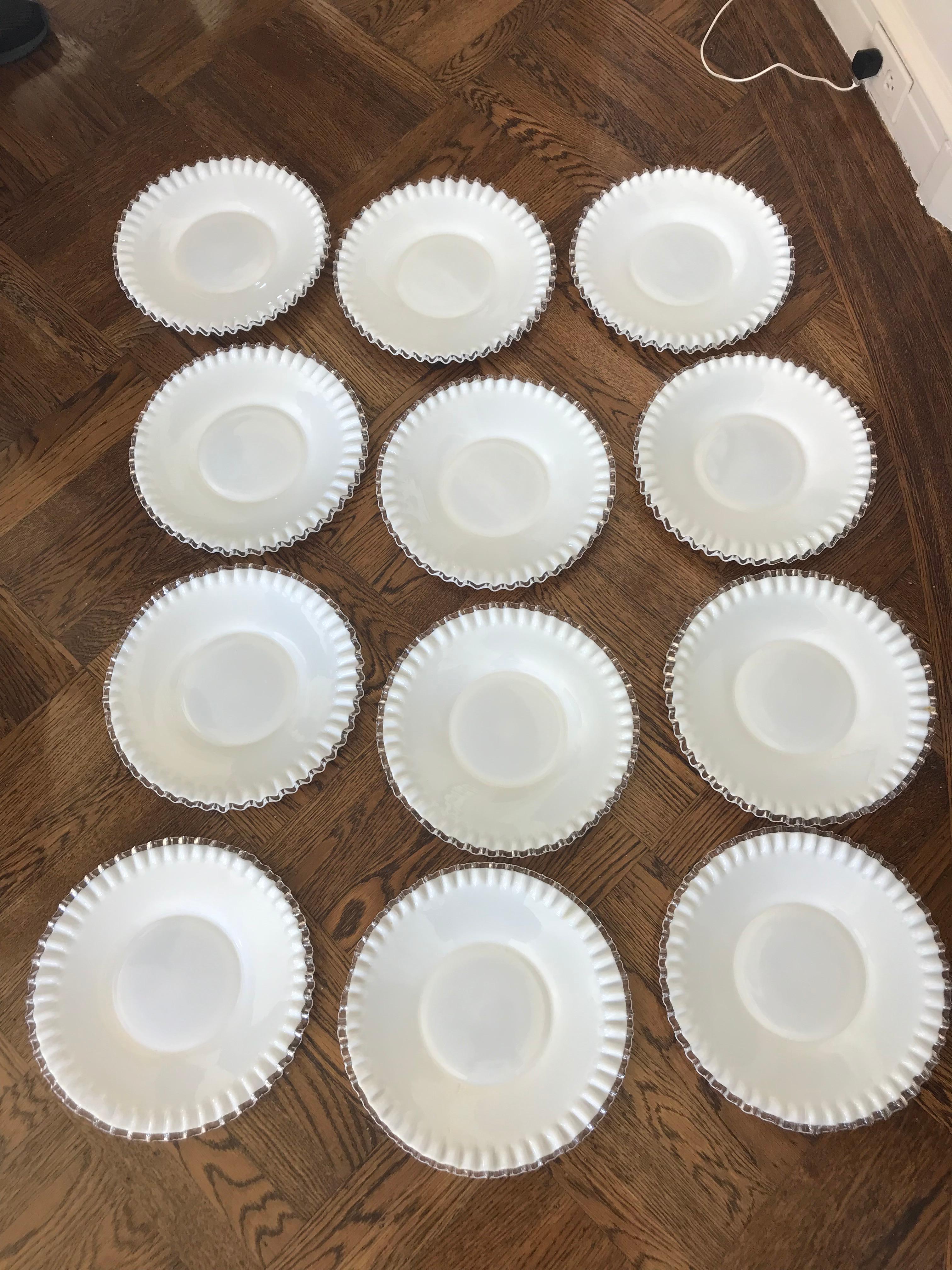 Hand-Crafted Set of 12 Vintage Milk Glass Chargers with Clear Fluted Edges For Sale
