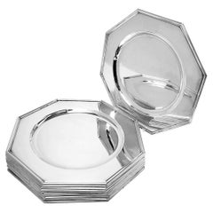 Lot de 12 sous-assiettes à charbon vintage en argent octogonales en relief, vers 1960, Italie