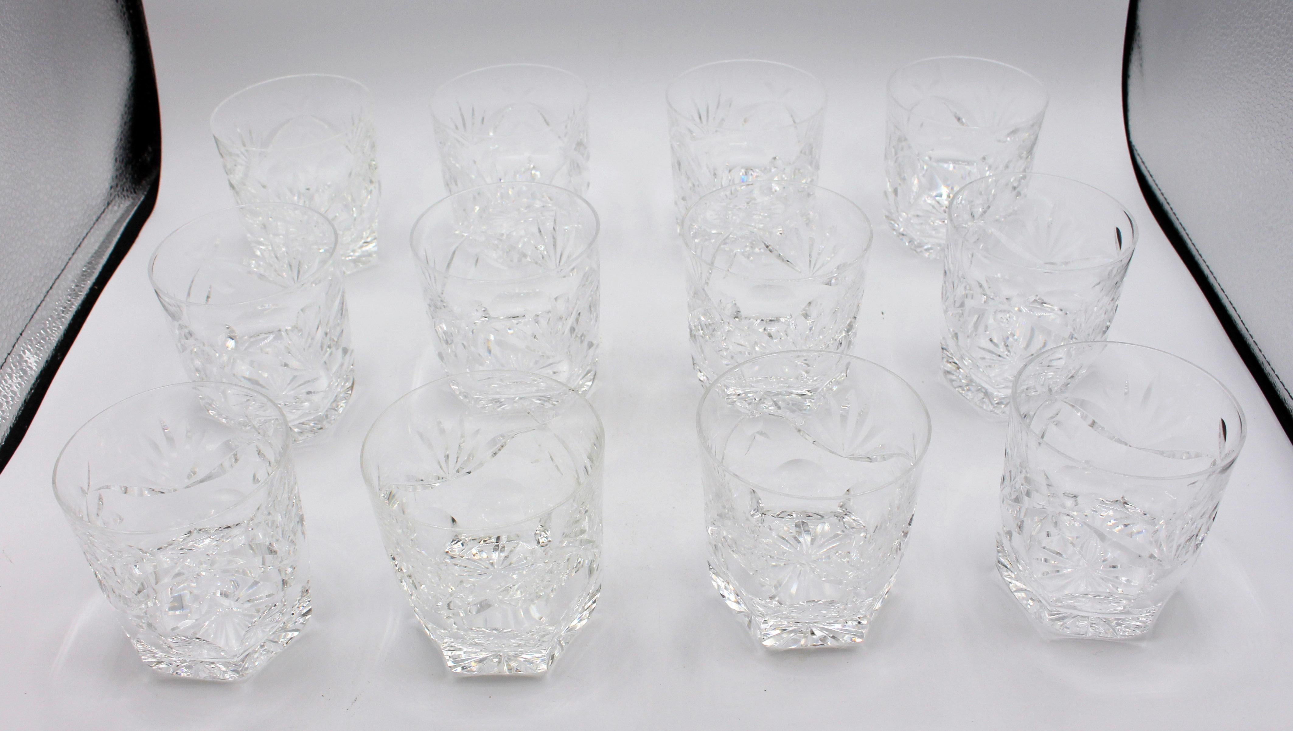 Vintage set of 12 old-fashioned tumblers or lowball glasses. Ashling pattern by Waterford, in production 1968-2017. Hand blown & cut. 3 1/4
