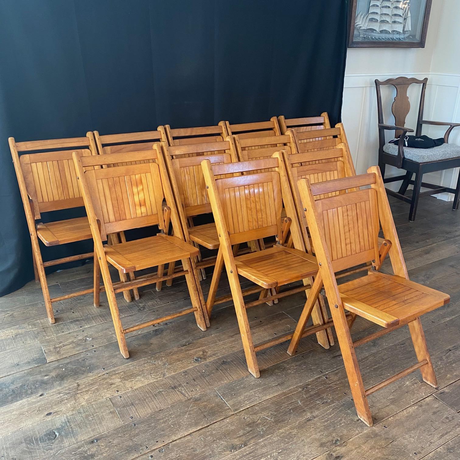 American Set of 12 Vintage Wooden Stackable Folding Chairs Marked Paris
