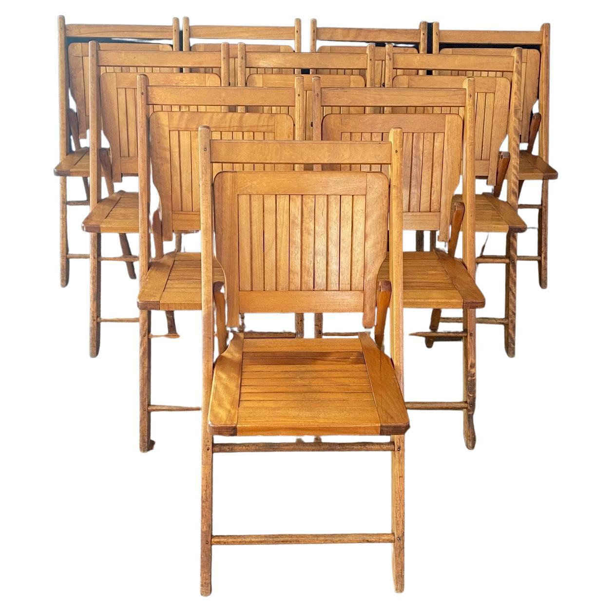 Set of 12 Vintage Wooden Stackable Folding Chairs Marked Paris For Sale