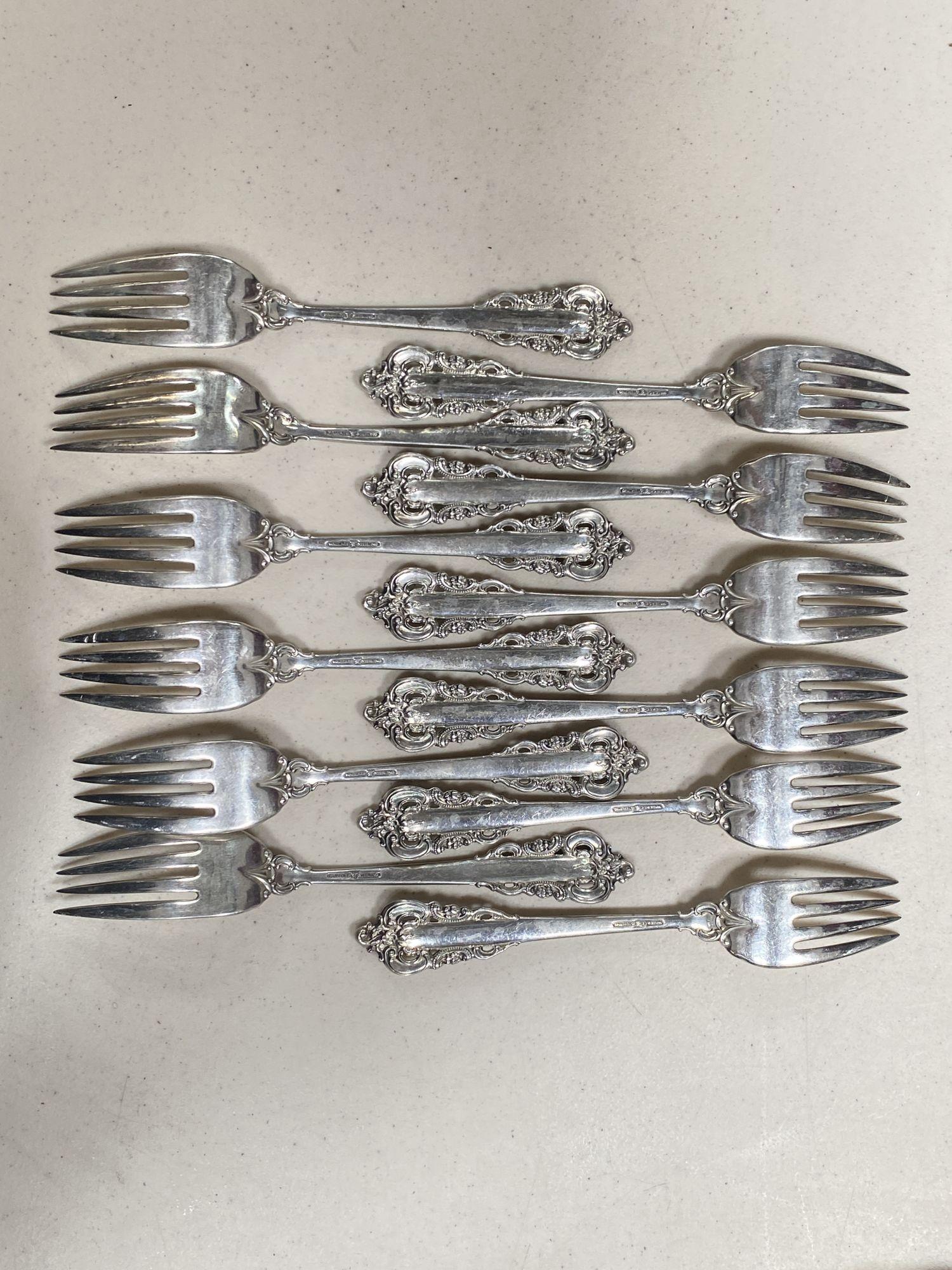 Set of 12 Wallace Grande Baroque Sterling Silver Flatware with Orignal Canteen For Sale 1