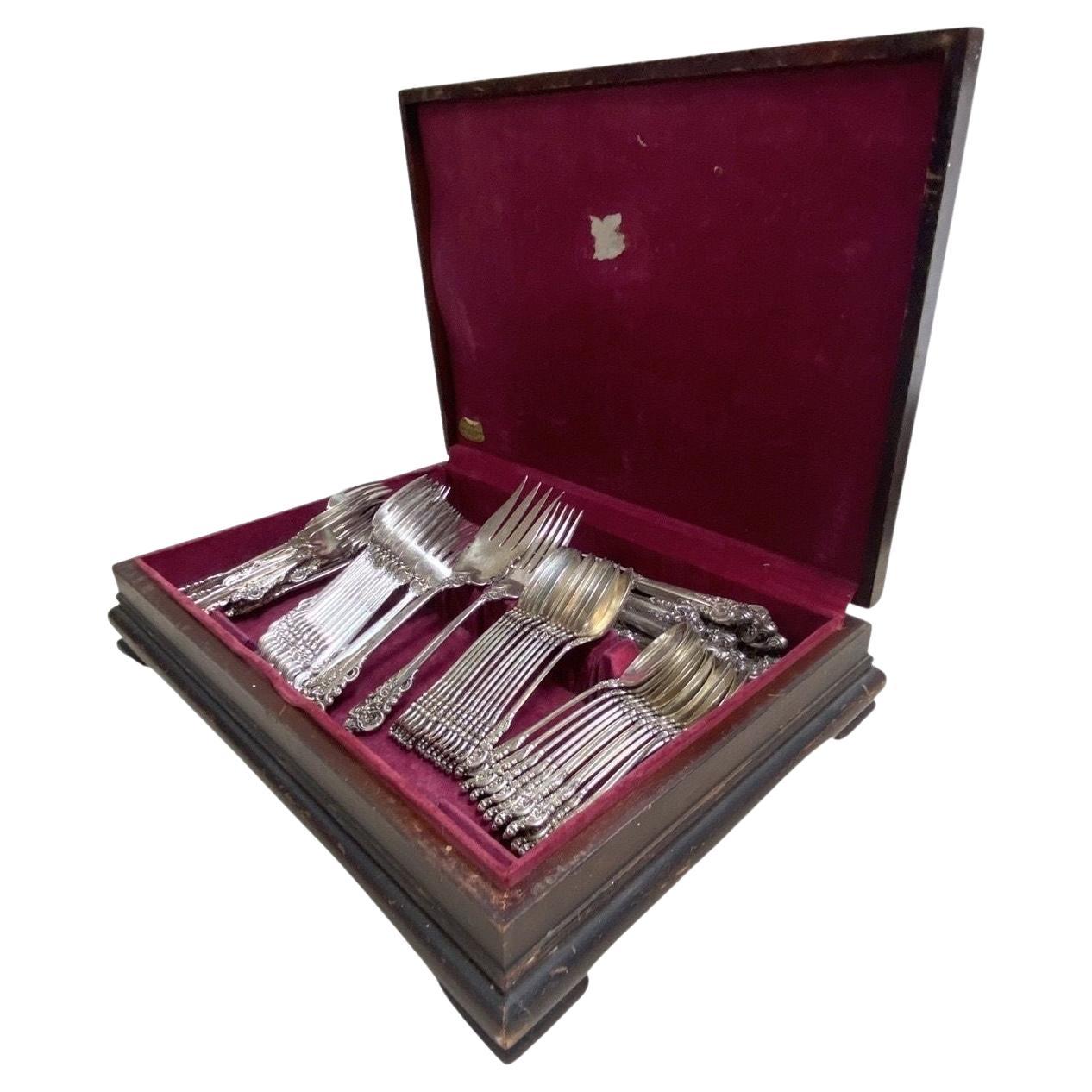 Set of 12 Wallace Grande Baroque Sterling Silver Flatware with Orignal Canteen For Sale