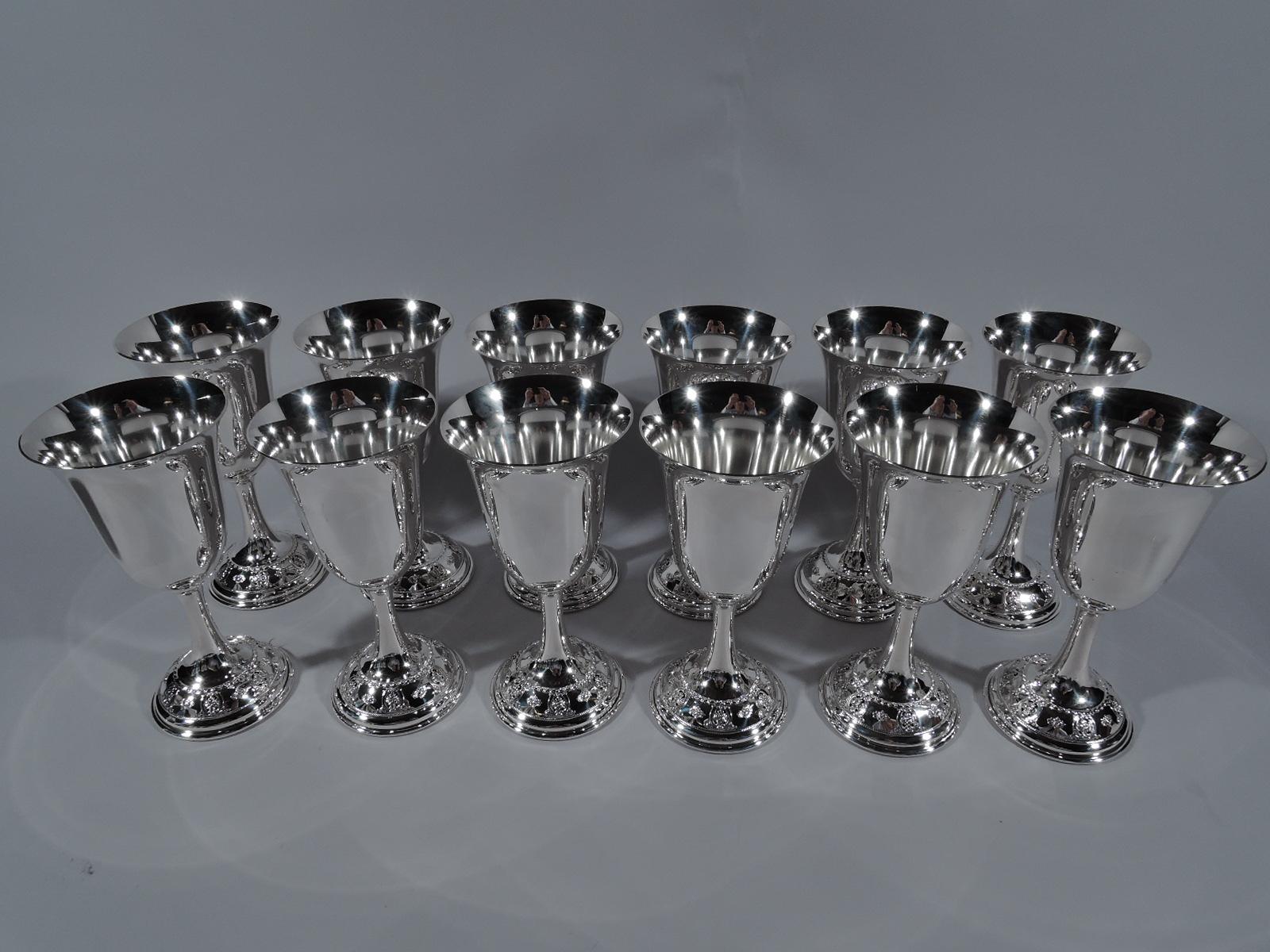 American Set of 12 Wallace Rose Point Sterling Silver Goblets