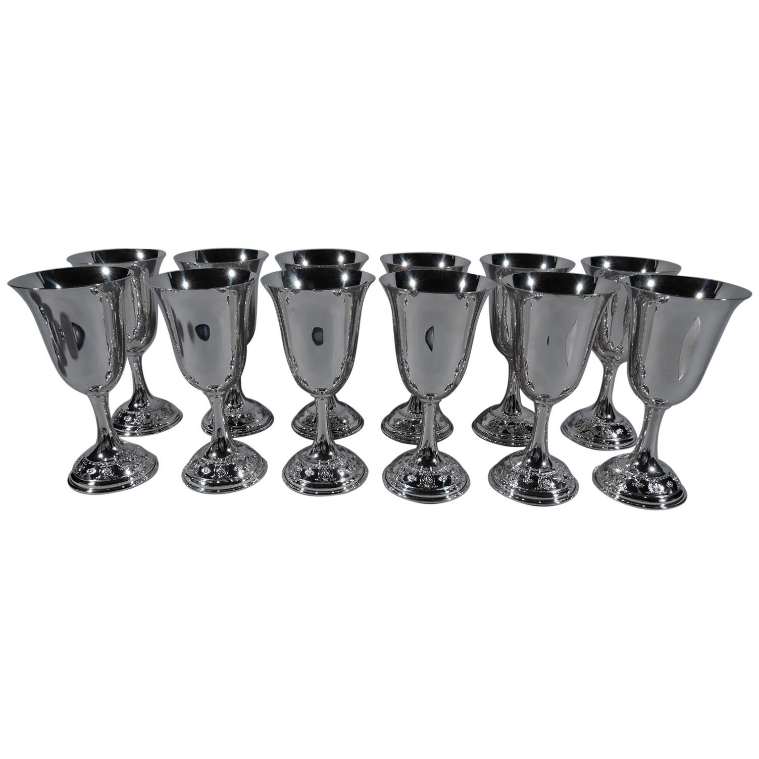 Set of 12 Wallace Rose Point Sterling Silver Goblets
