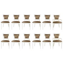 Set of 12 White Chairs with Khaki Horsehair Upholstery