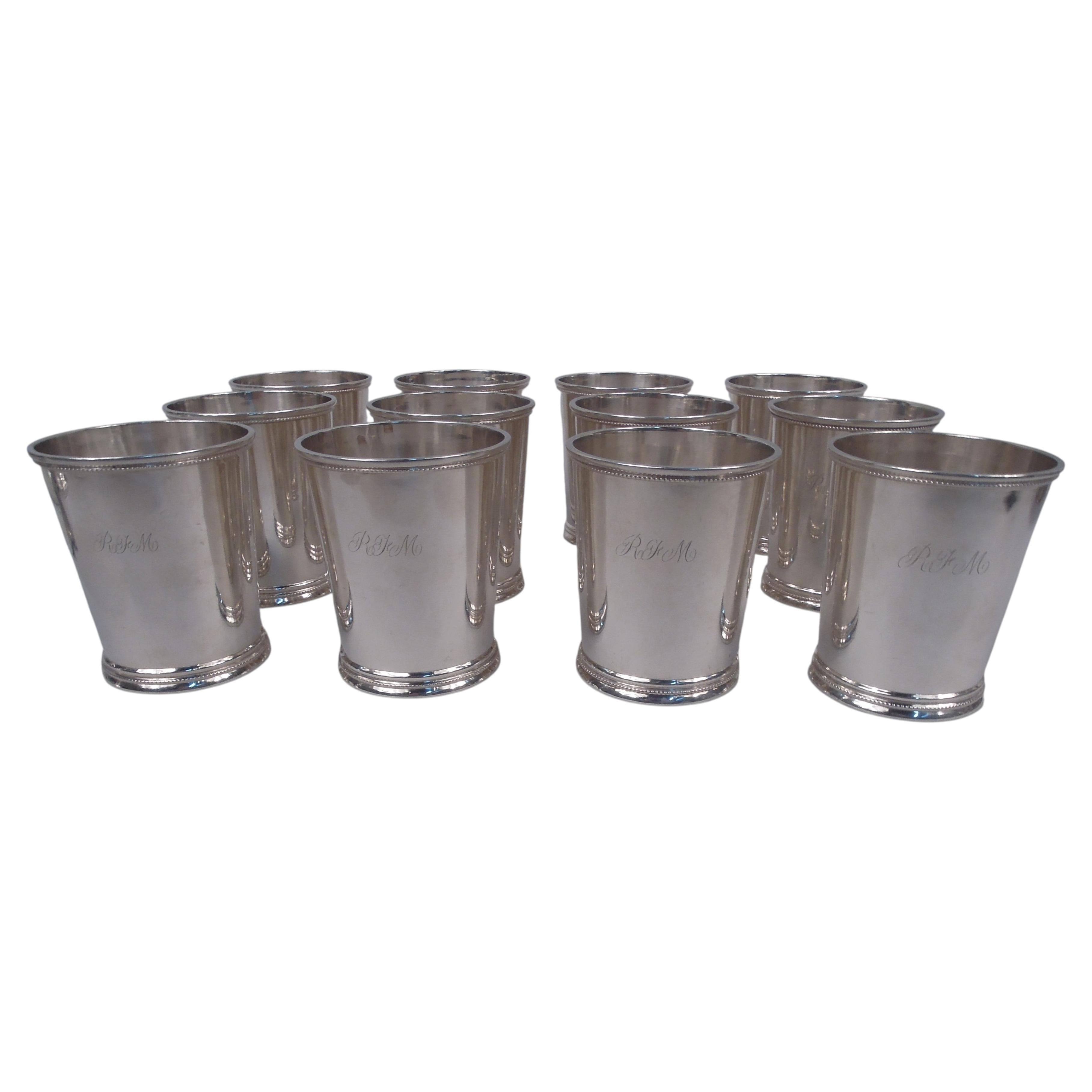 Lot de 12 verres à mint julep « Coin Silver » de la marque Wood & Hughes (New York), vers 1850 en vente