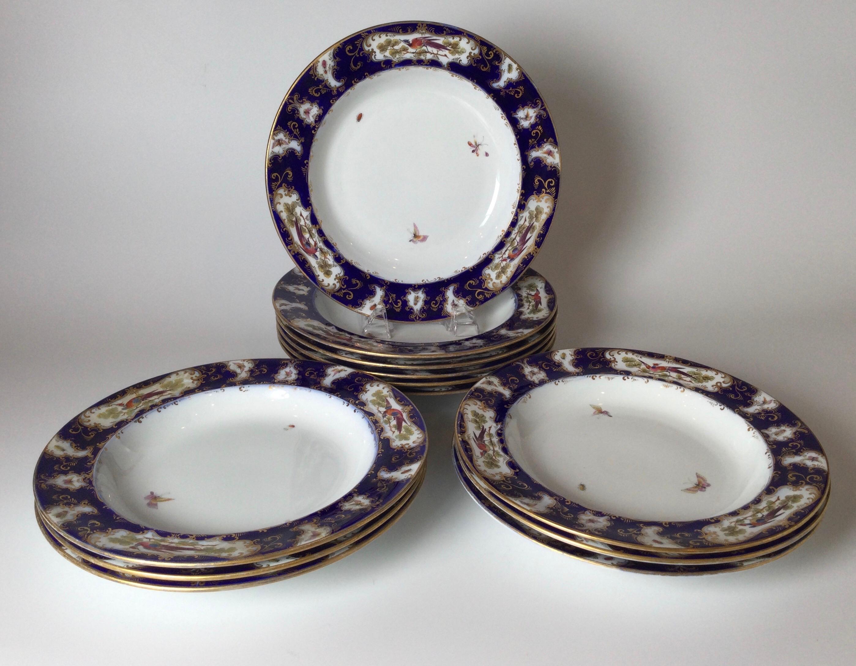 Set of 12 Worcester porcelain Chelsea bird shallow bowls. Great for soups or stews. Marked Worcester England. Phillips of London. Hand painted each having different bugs, insects, butterflies. Cobalt blue, white and gold. 10