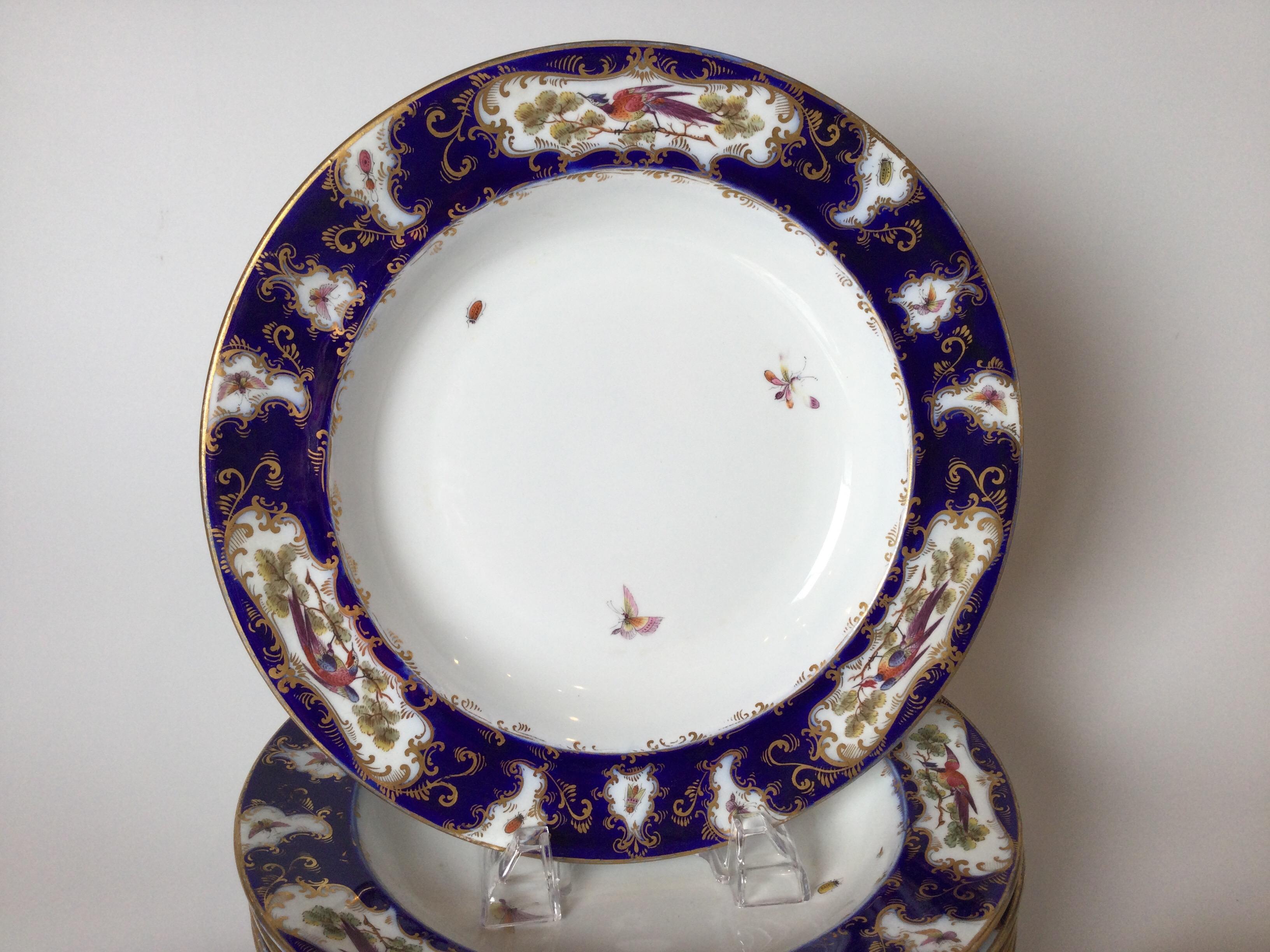 English Set of 12 Worcester Porcelain Chelsea Bird Shallow Bowls For Sale