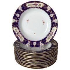 Antique Set of 12 Worcester Porcelain Chelsea Bird Shallow Bowls
