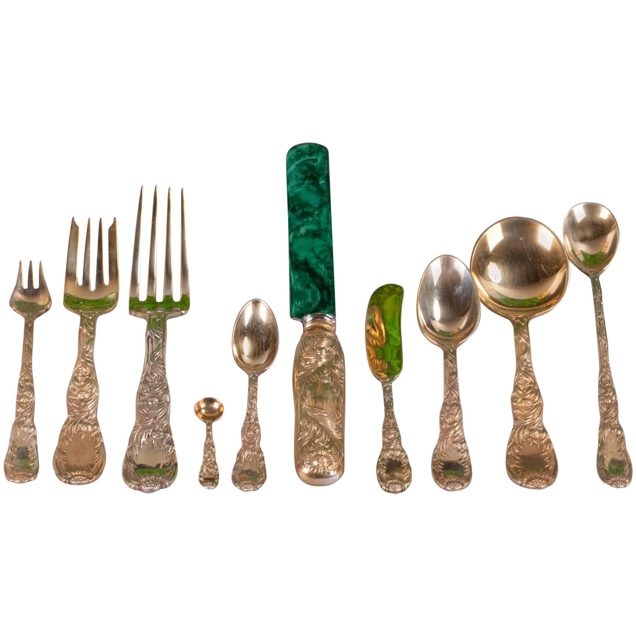 Set of 120-Piece Tiffany Gilt Sterling Chrysanthemum in custom Malachite Box For Sale