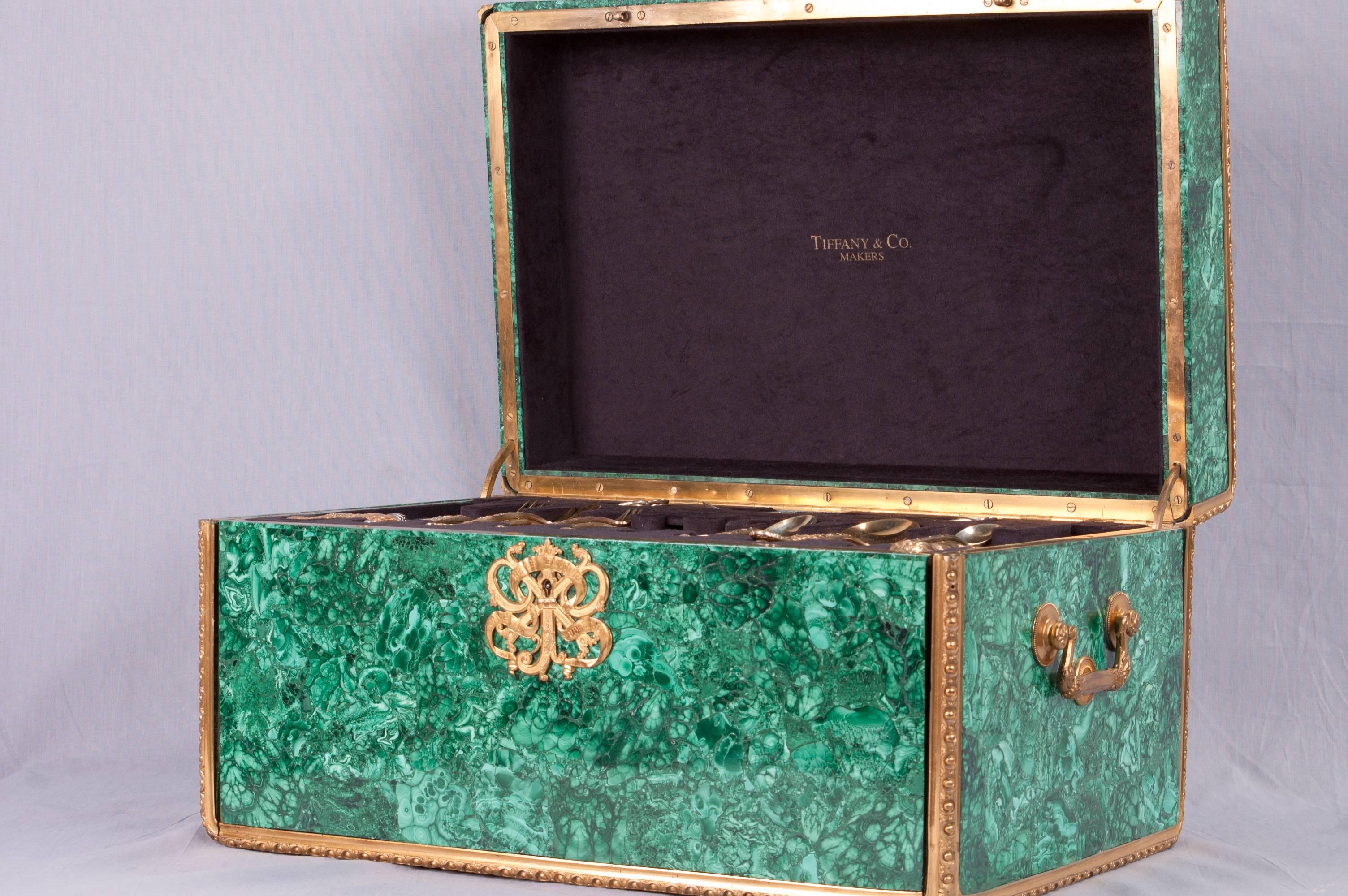 20th Century Set of 120-Piece Tiffany Gilt Sterling Chrysanthemum in custom Malachite Box For Sale