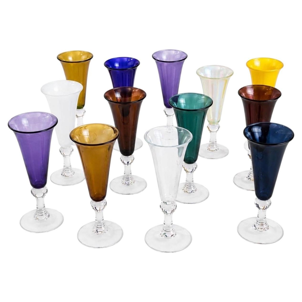 Set of 13 Baldwin & Guggisberg Nonfoux Hand-Blown Multicolor Champagne Flutes