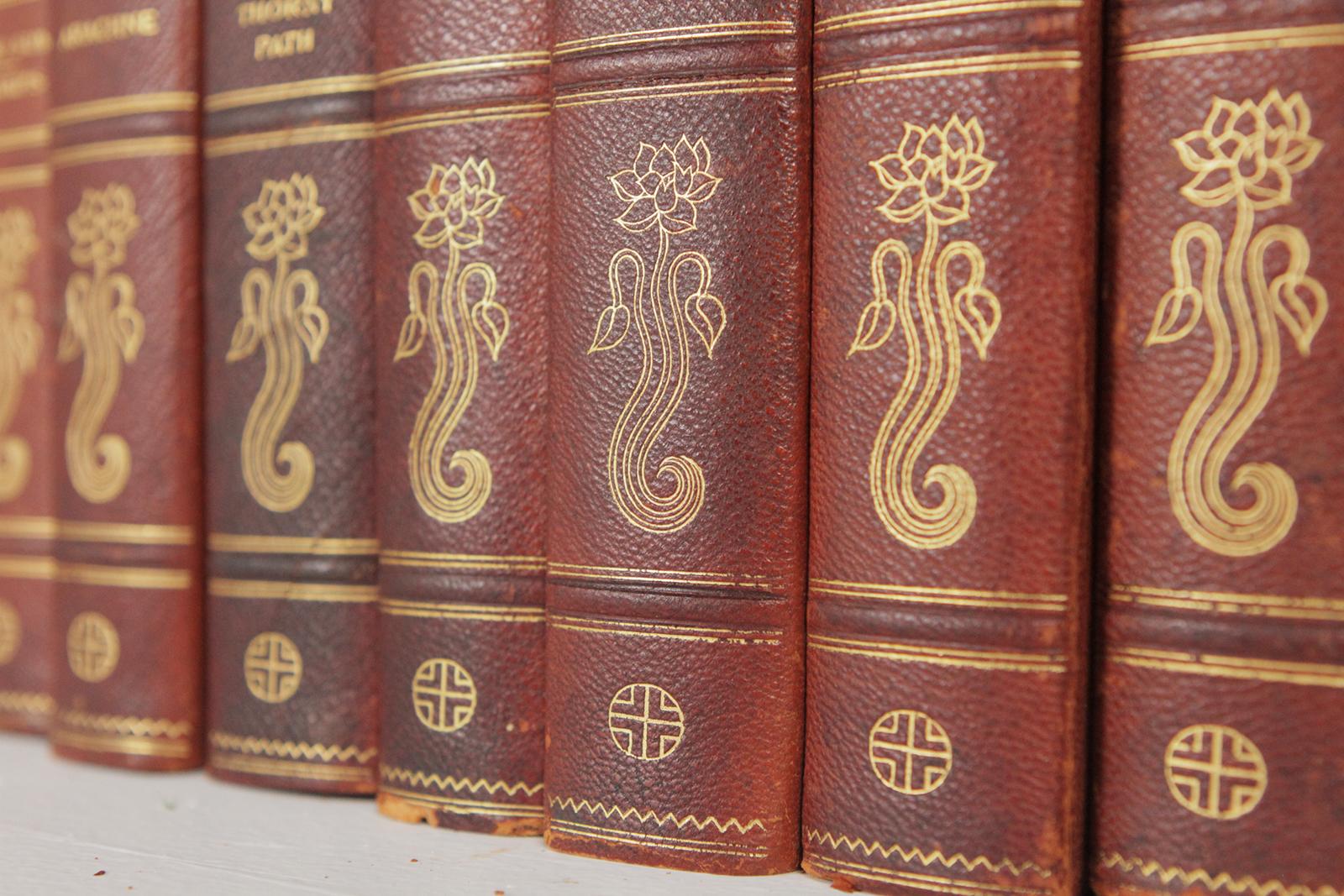 Set of 13 leather bound books, the Works of Georg Ebers. The red leather bindings with handmade marbleized paper on the covers. There is some wear on the edges with one top on one book with a loss. Published, 1889, D. Appleton and Company, New York