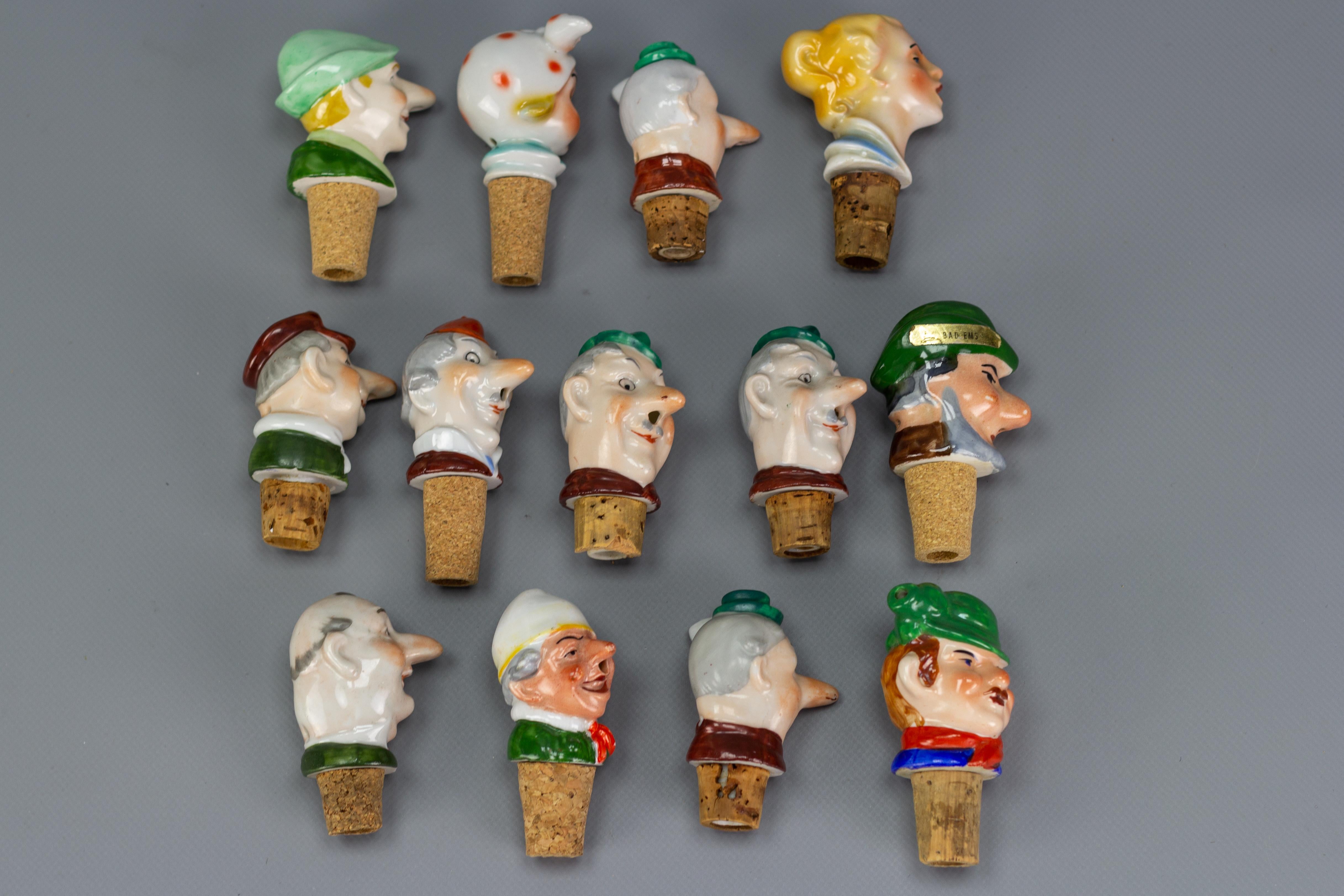 Set of 13 German Figural Porcelain and Cork Pourers Bottle Stoppers, 1930s For Sale 6