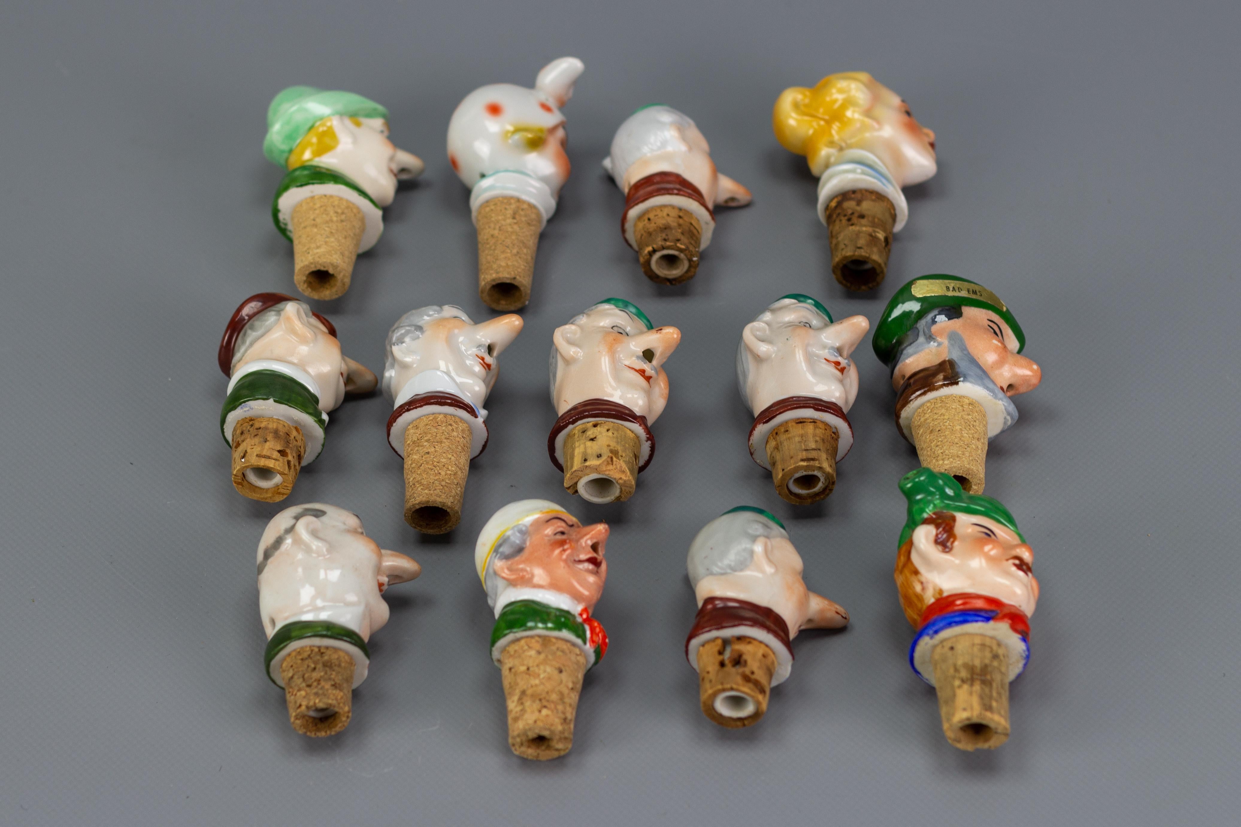 Set of 13 German Figural Porcelain and Cork Pourers Bottle Stoppers, 1930s For Sale 7