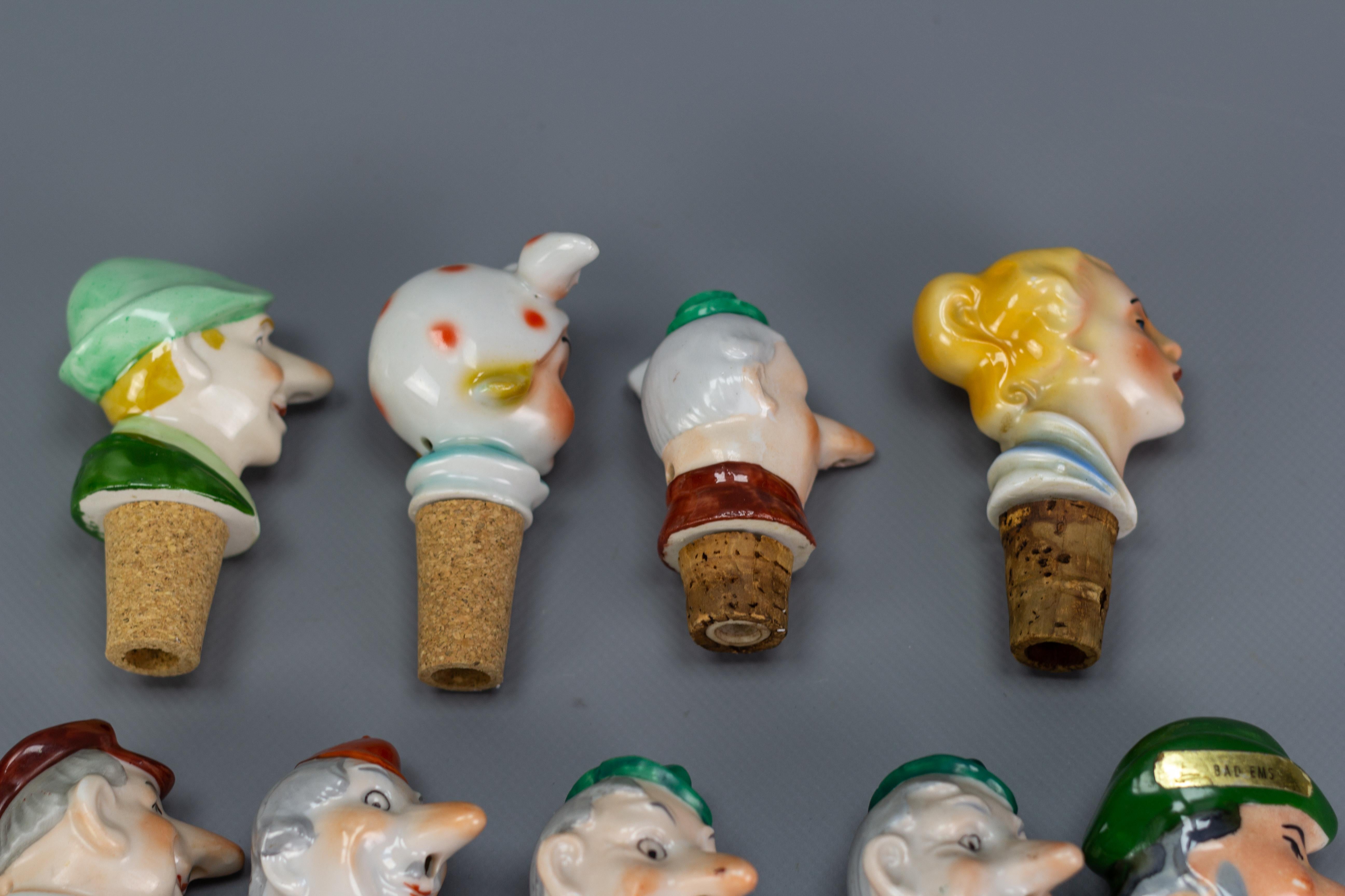 Set of 13 German Figural Porcelain and Cork Pourers Bottle Stoppers, 1930s For Sale 8