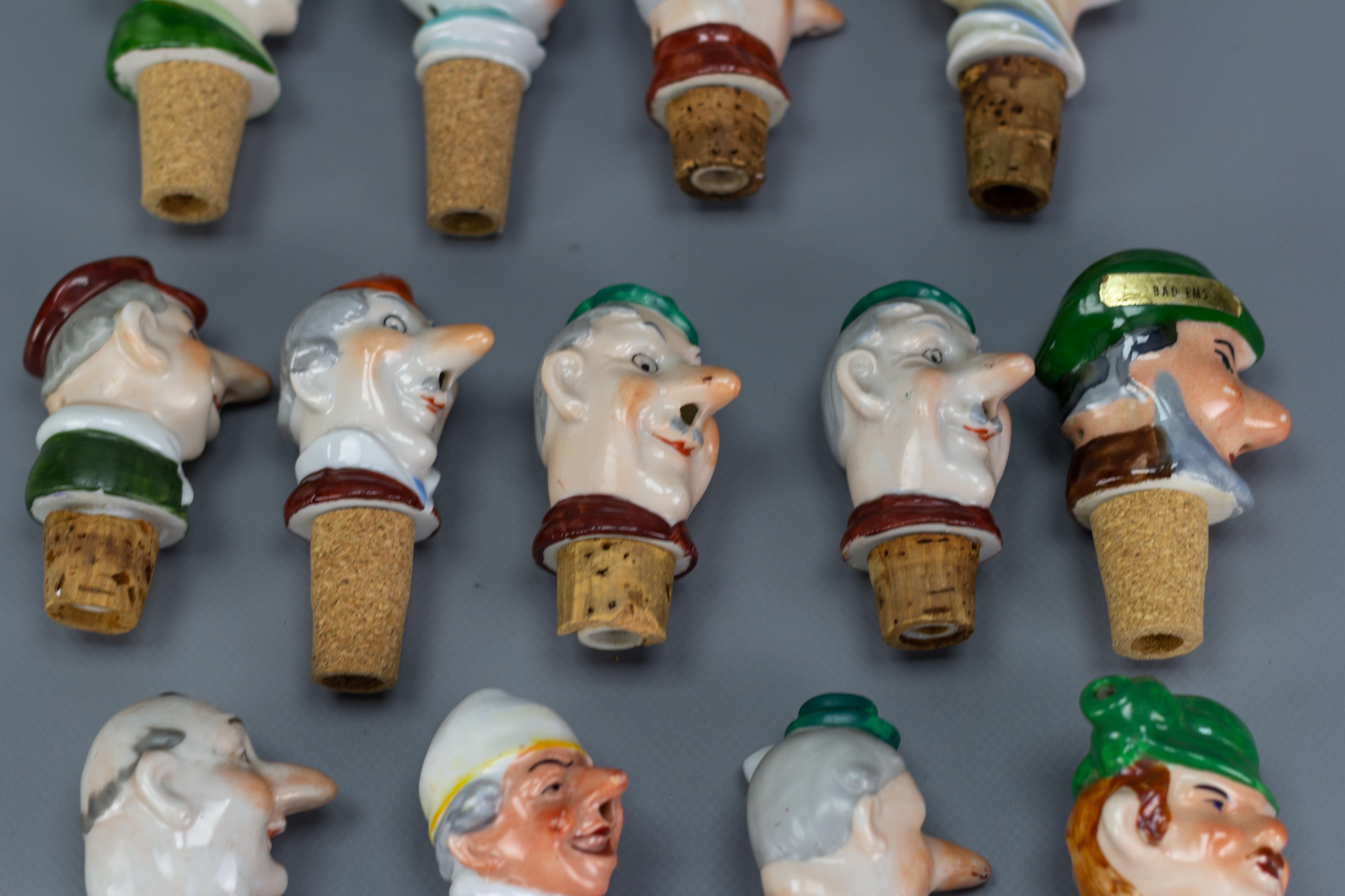 Set of 13 German Figural Porcelain and Cork Pourers Bottle Stoppers, 1930s For Sale 9