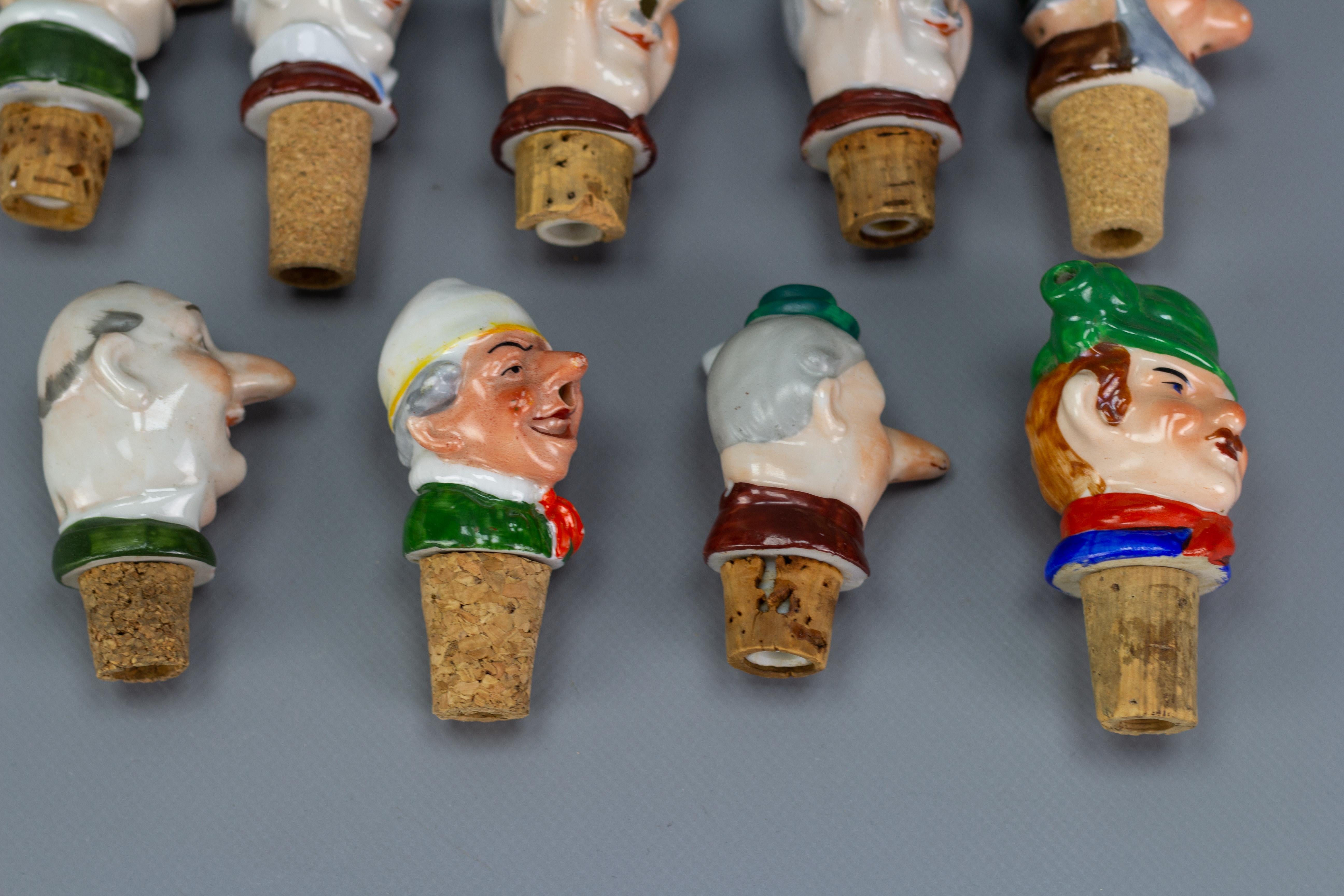 Set of 13 German Figural Porcelain and Cork Pourers Bottle Stoppers, 1930s For Sale 10