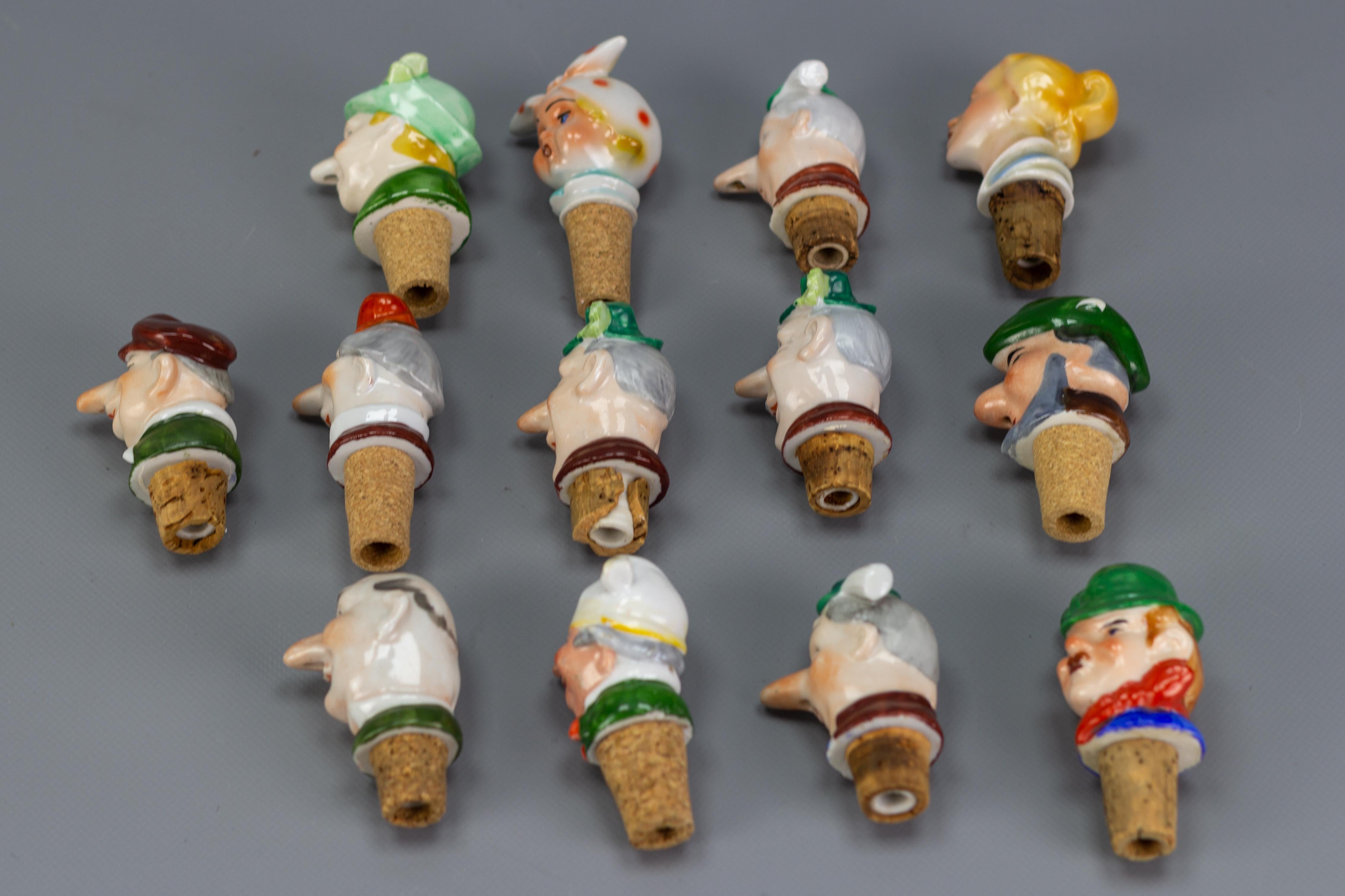 Set of 13 German Figural Porcelain and Cork Pourers Bottle Stoppers, 1930s For Sale 11