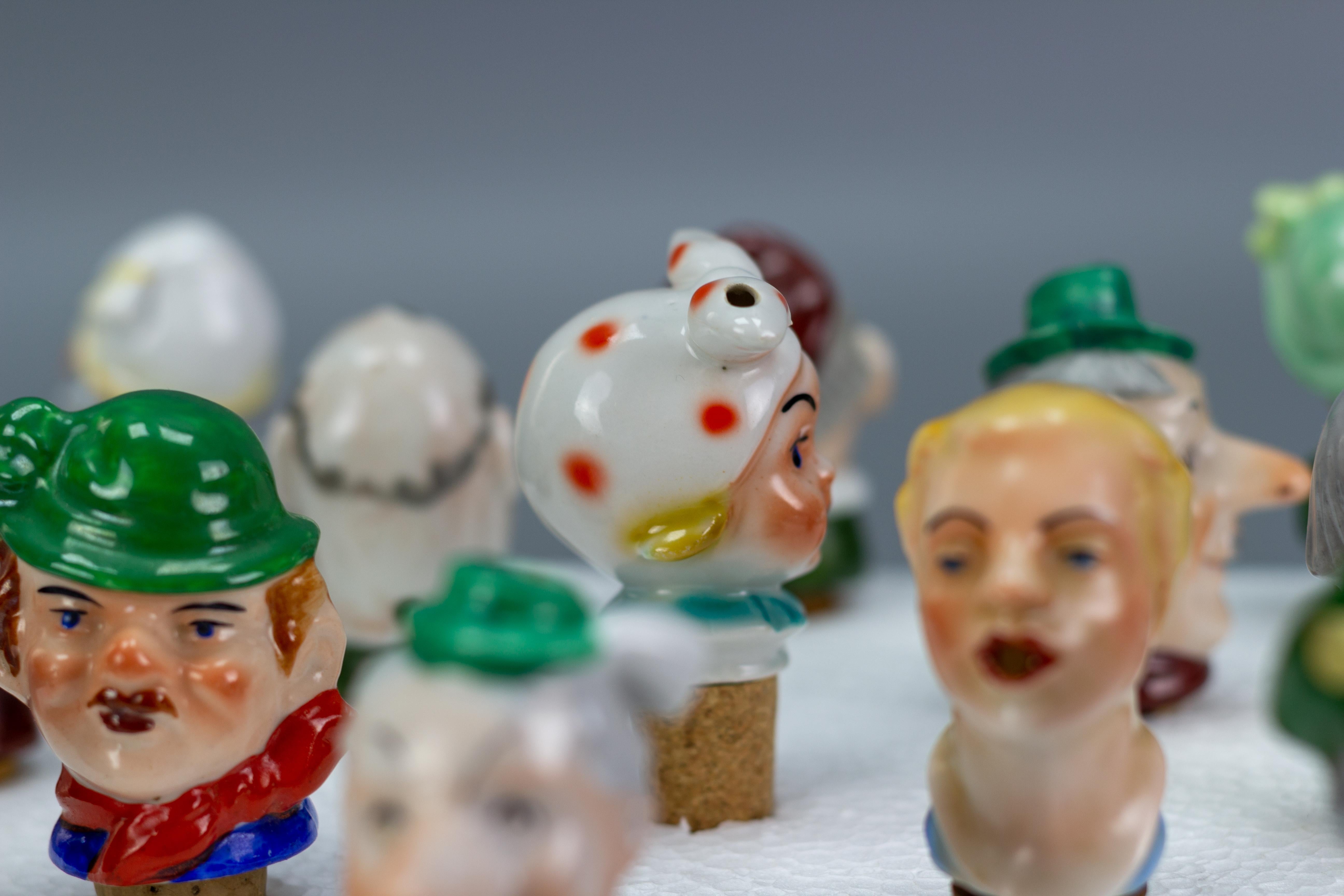 Set of 13 German Figural Porcelain and Cork Pourers Bottle Stoppers, 1930s For Sale 2