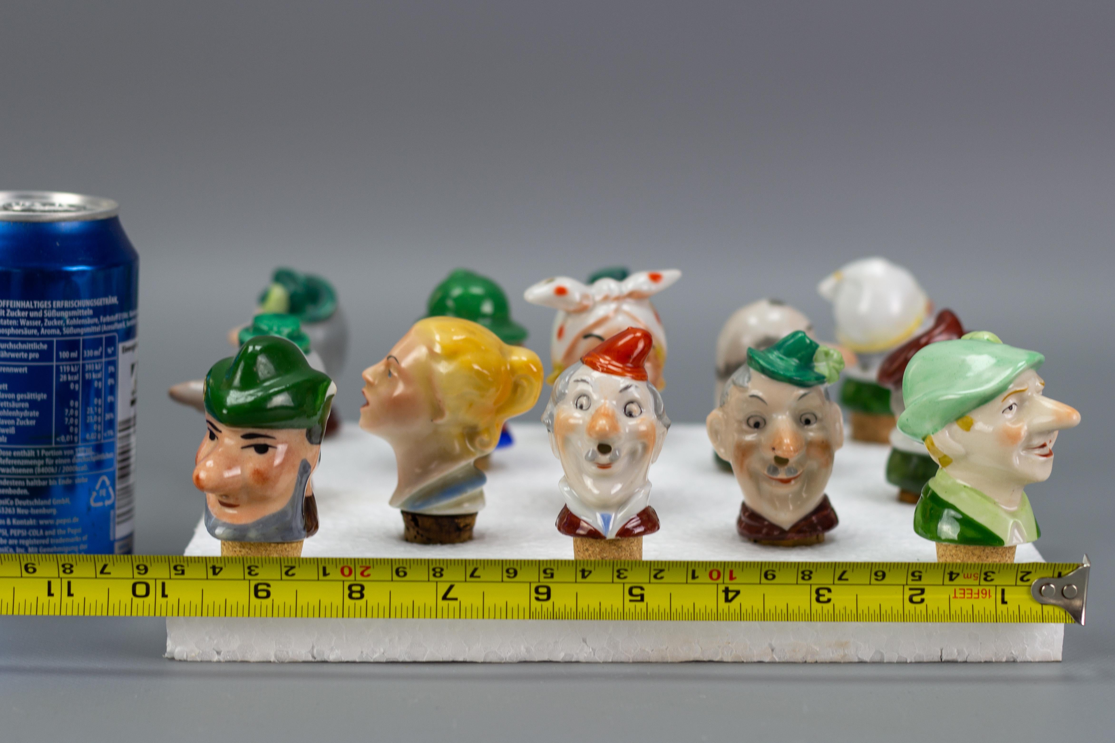 Set of 13 German Figural Porcelain and Cork Pourers Bottle Stoppers, 1930s For Sale 4