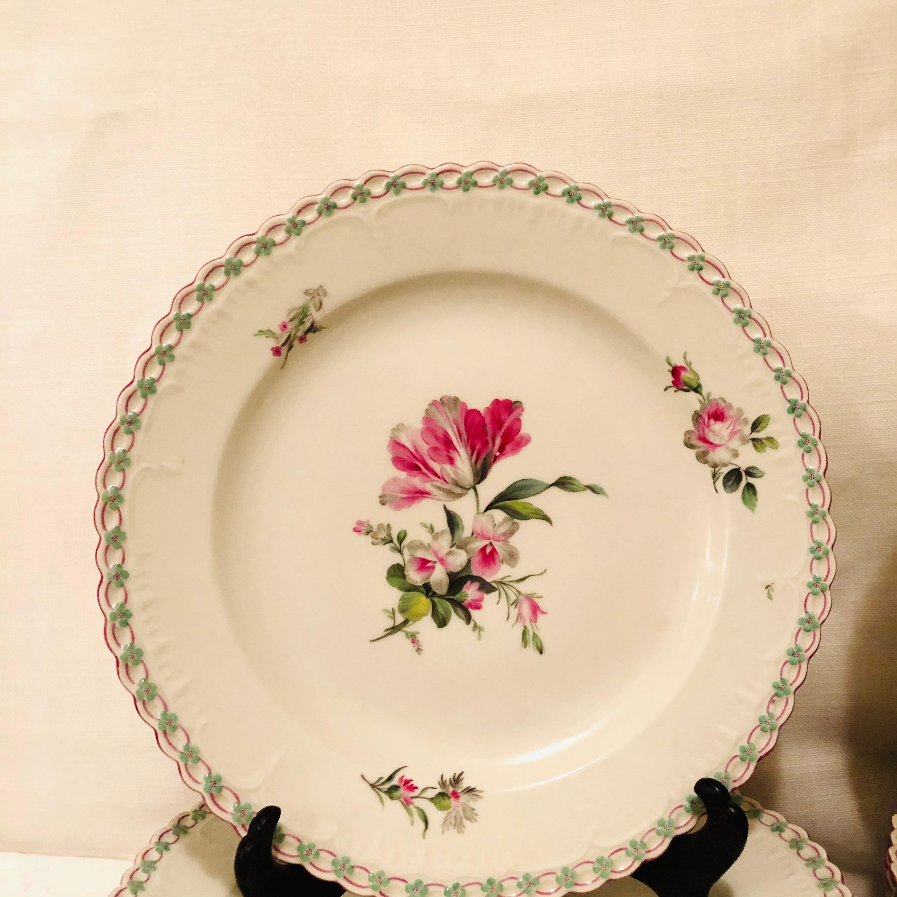 Romantic Set of 13 KPM Dinner Plates Each Painted Differently With Raised Forget Me Nots