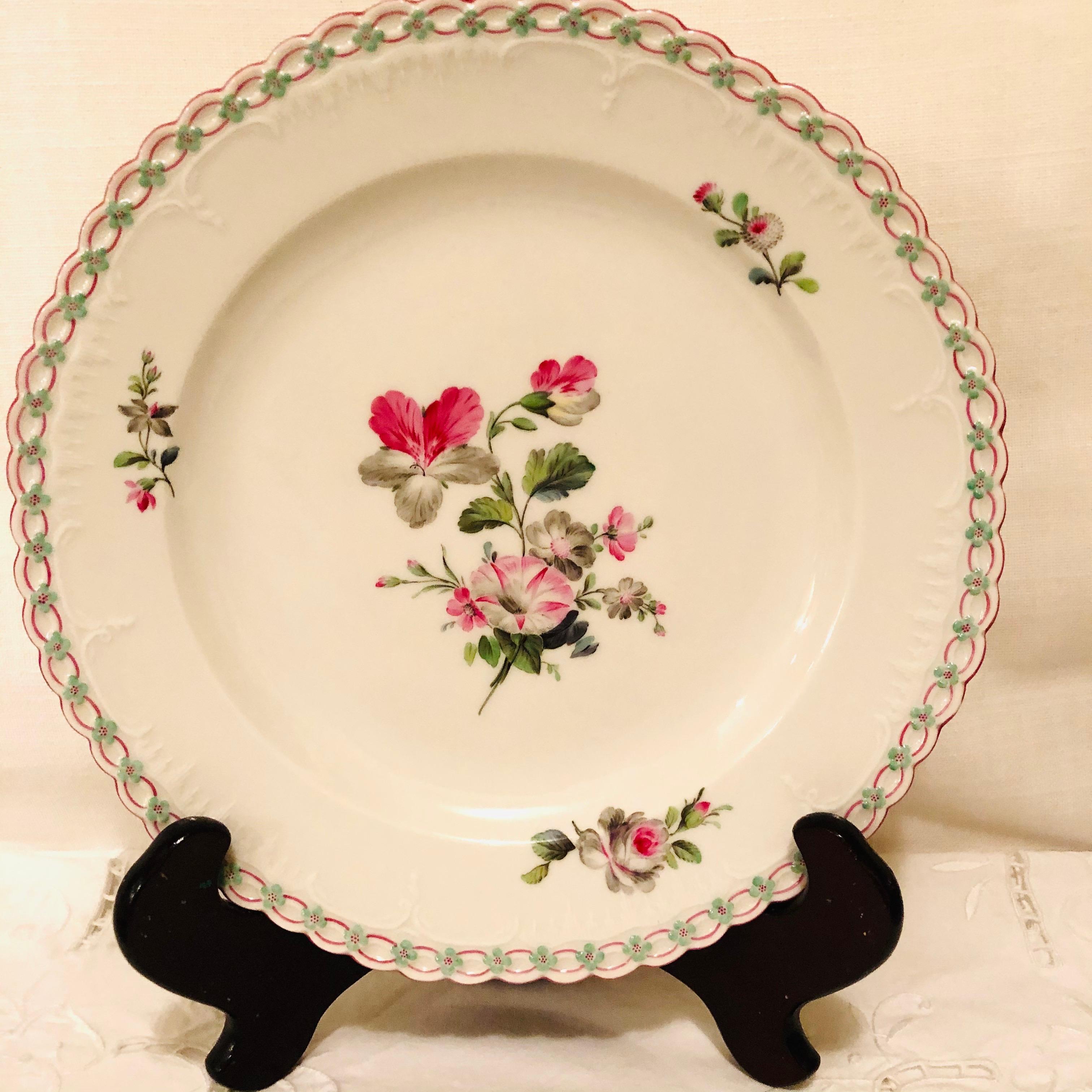 Hand-Painted Set of 13 KPM Dinner Plates Each Painted Differently With Raised Forget Me Nots
