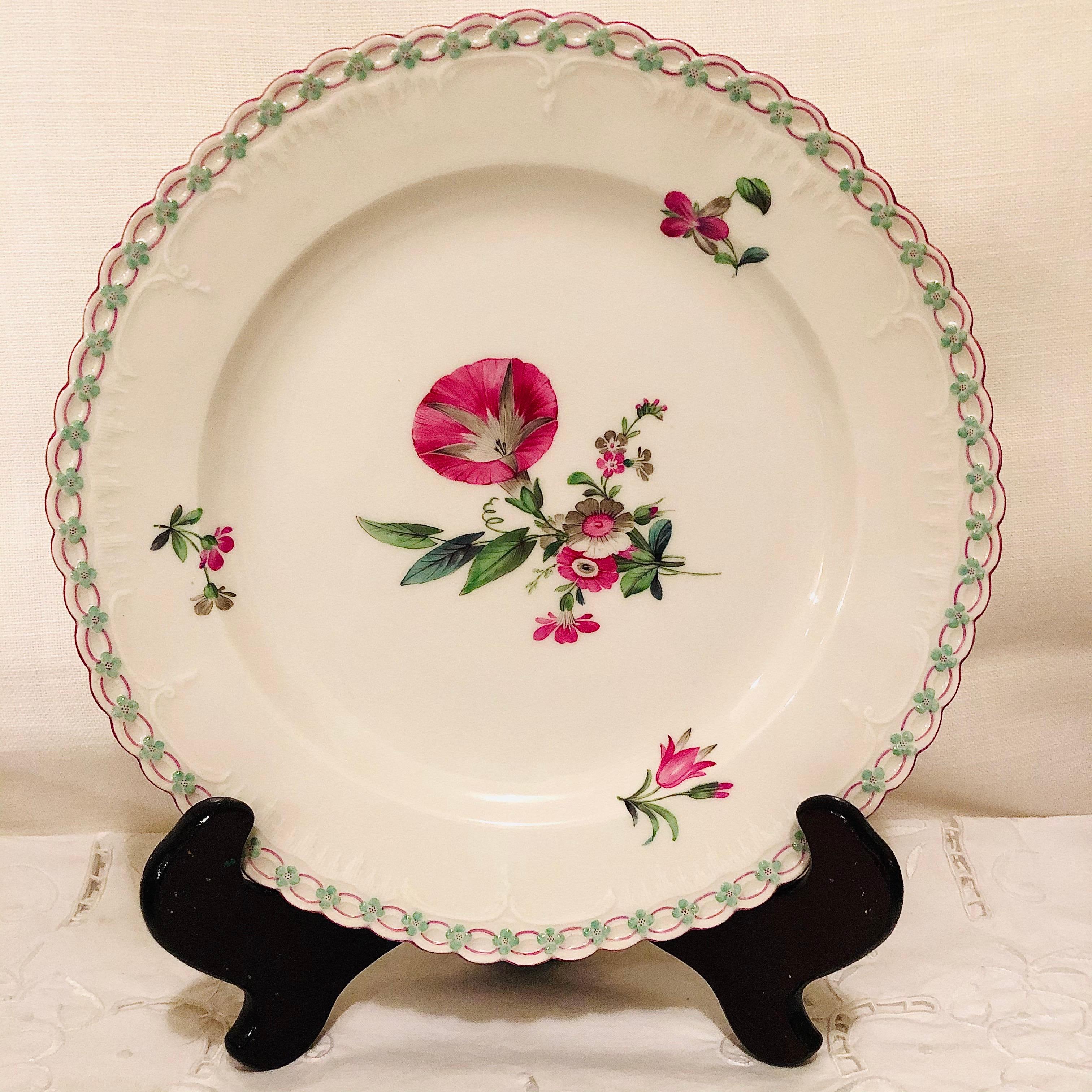Porcelain Set of 13 KPM Dinner Plates Each Painted Differently With Raised Forget Me Nots
