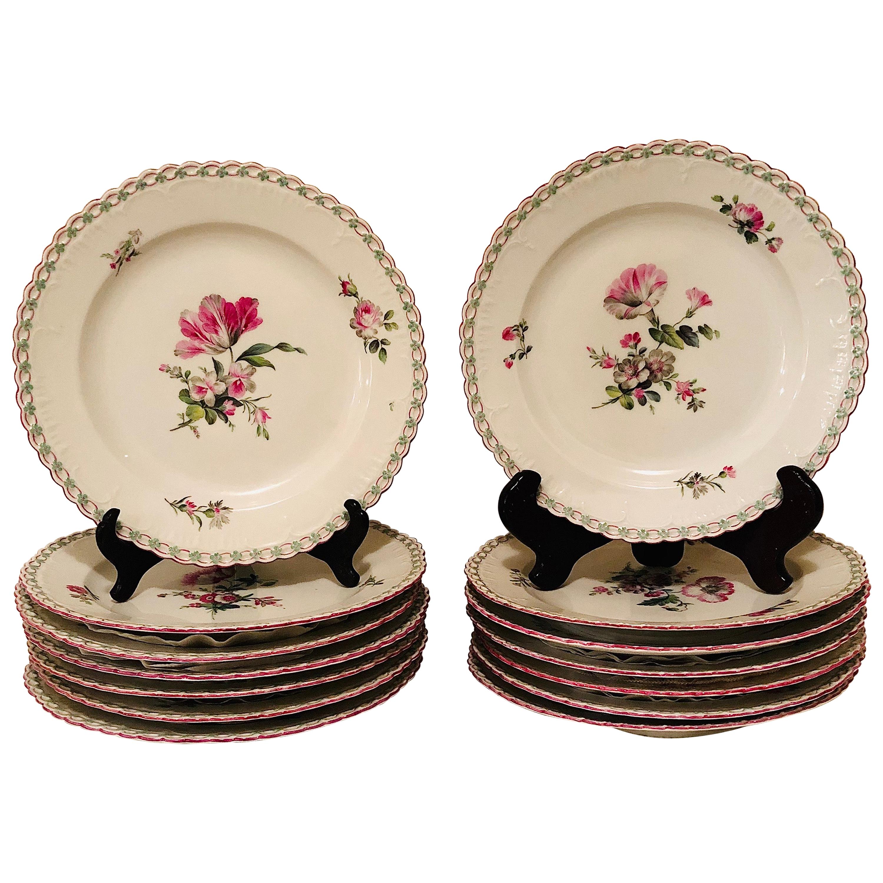 Set of 13 KPM Dinner Plates Each Painted Differently With Raised Forget Me Nots