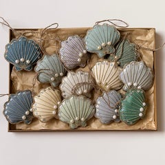 Set di 13 ornamenti per l'albero con conchiglia in lino irlandese blu in edizione limitata e artigianale