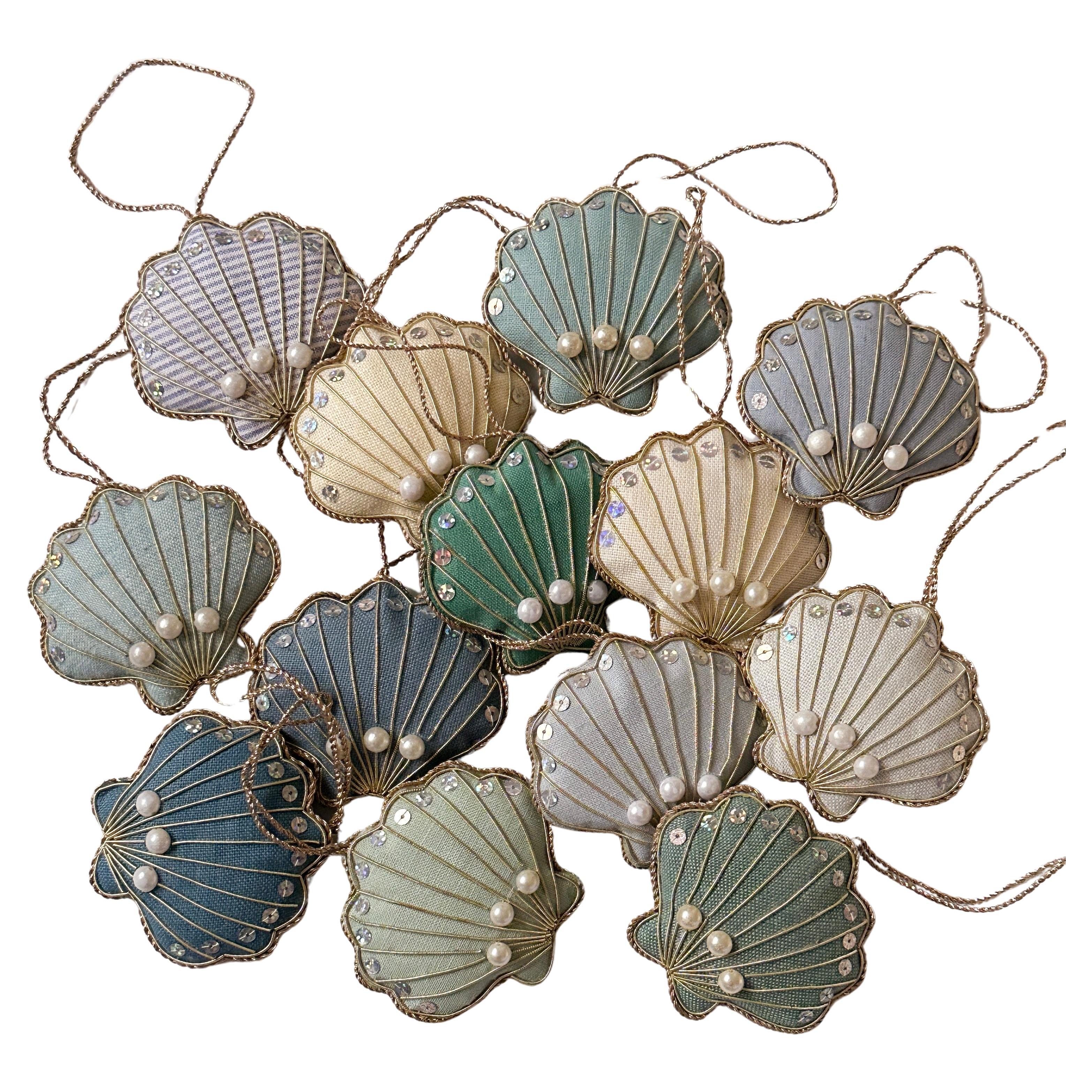 Set of 13 Limited Edition Artisan Vintage Blue Irish Linen Shell Tree Ornaments